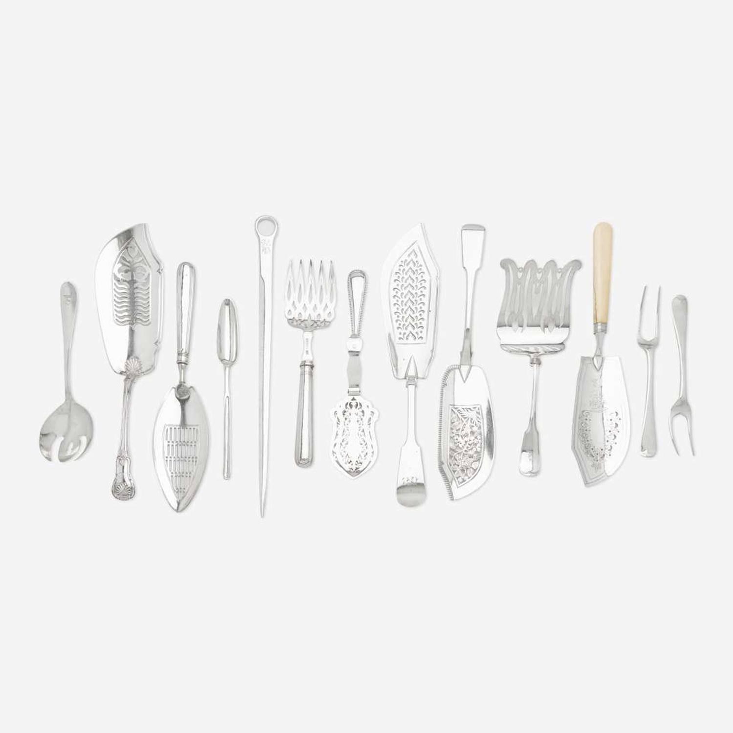A group of thirteen George III / Victorian and American sterling silver and silverplated serving utensils Various English and American makers, various dates, 18th - 20th century