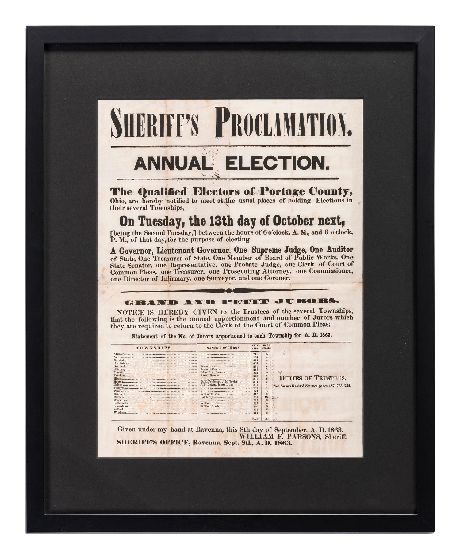 A Printed Broadside Disseminating a 'Sheriff's Proclamation' on the Upcoming Annual Election