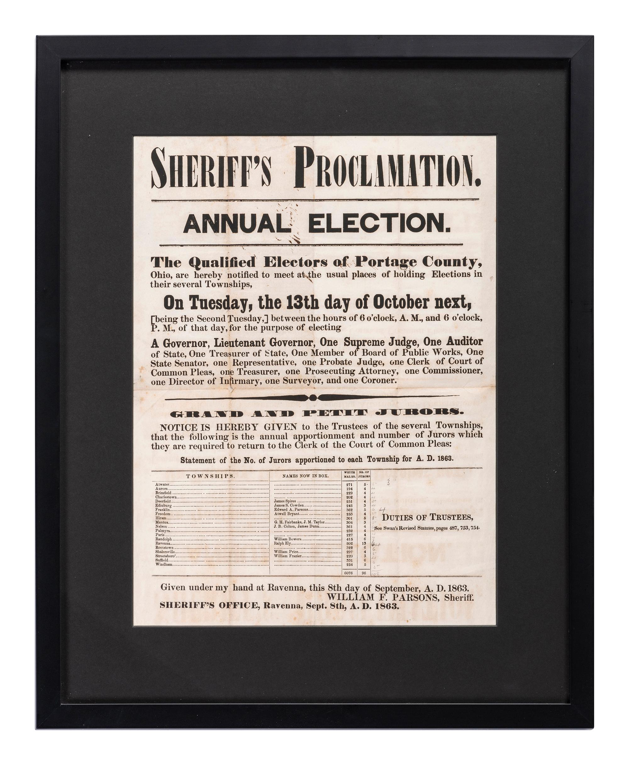 A Printed Broadside Disseminating a 'Sheriff's Proclamation' on the Upcoming Annual Election