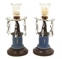 A Pair of Wedgwood Jasperware and Bronze Mounted Candlesticks, Height overall 8 7/8 inches.
