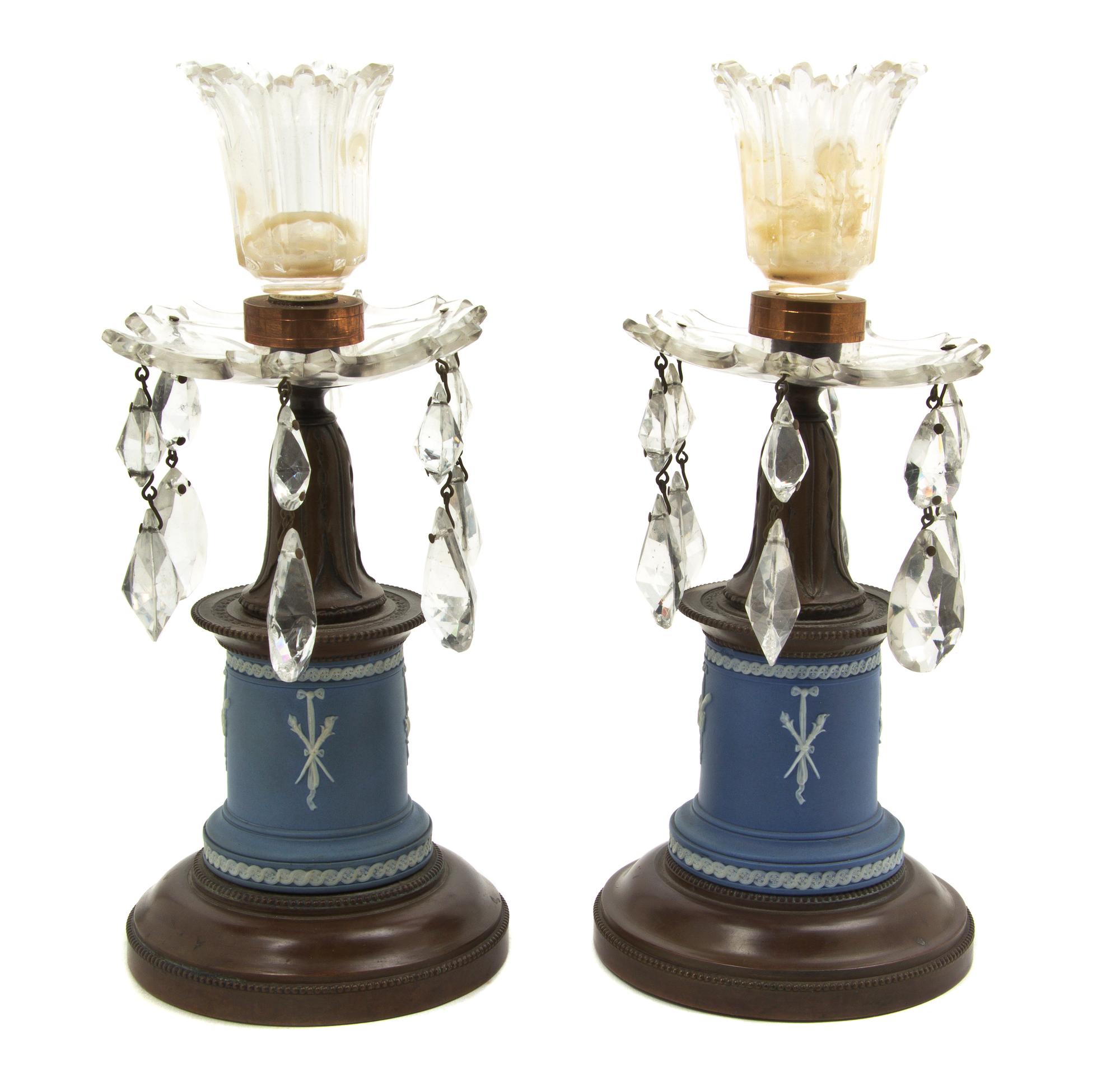 A Pair of Wedgwood Jasperware and Bronze Mounted Candlesticks, Height overall 8 7/8 inches.