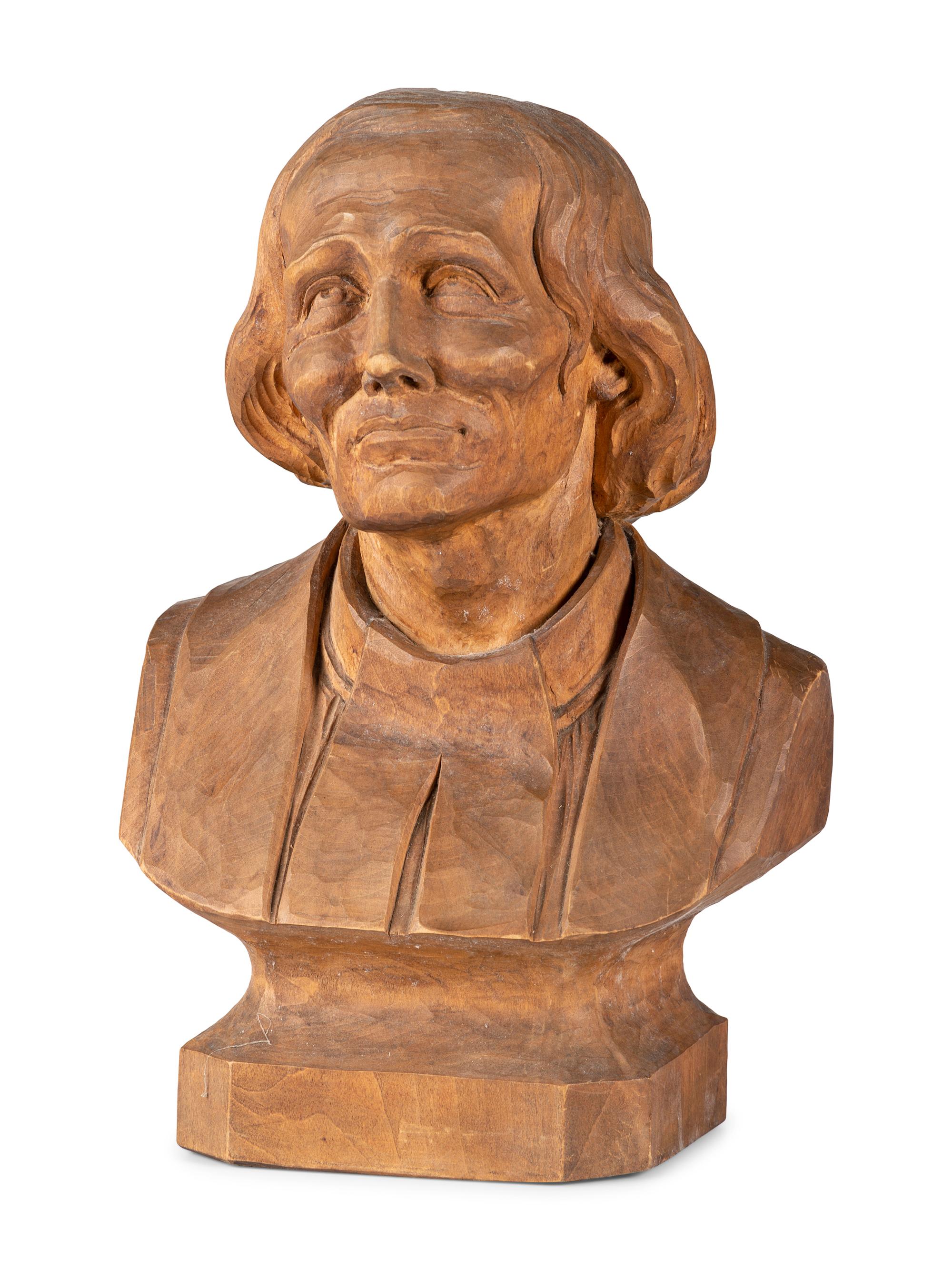 A Carved Wood Bust of a Man, Possibly St. John Vianney