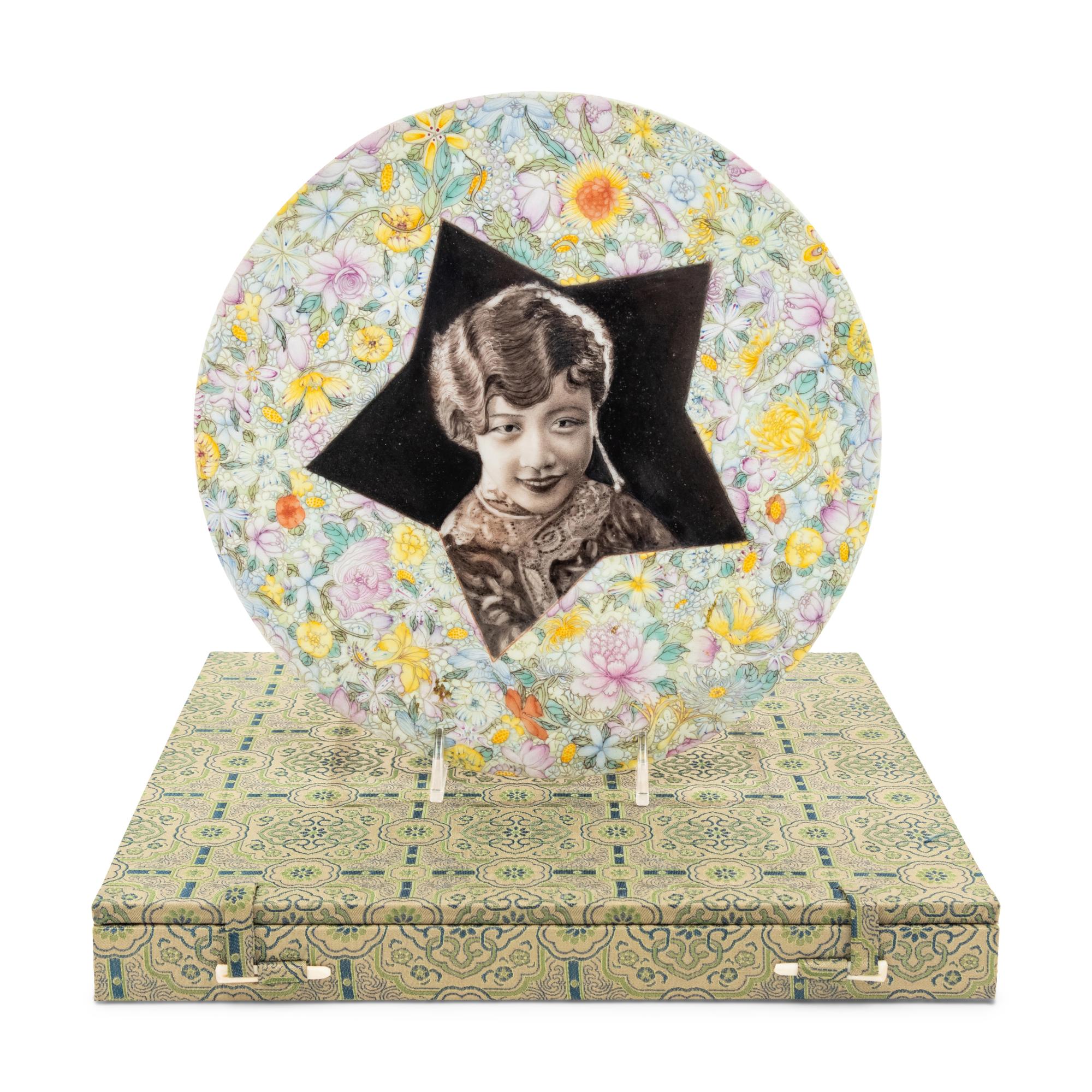 A Rare Chinese Black Enameled and Famille Rose Porcelain Circular 'Portrait' Plaque
