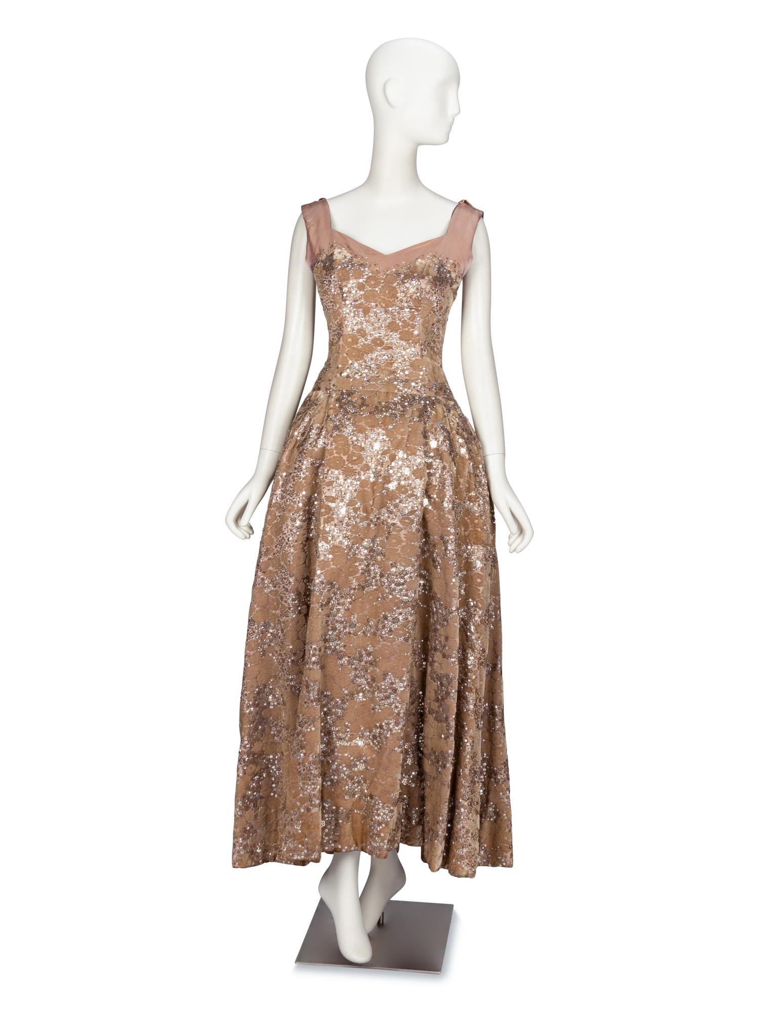 Norman Hartnell, Sequined Velvet & Silk Gown, 1950's