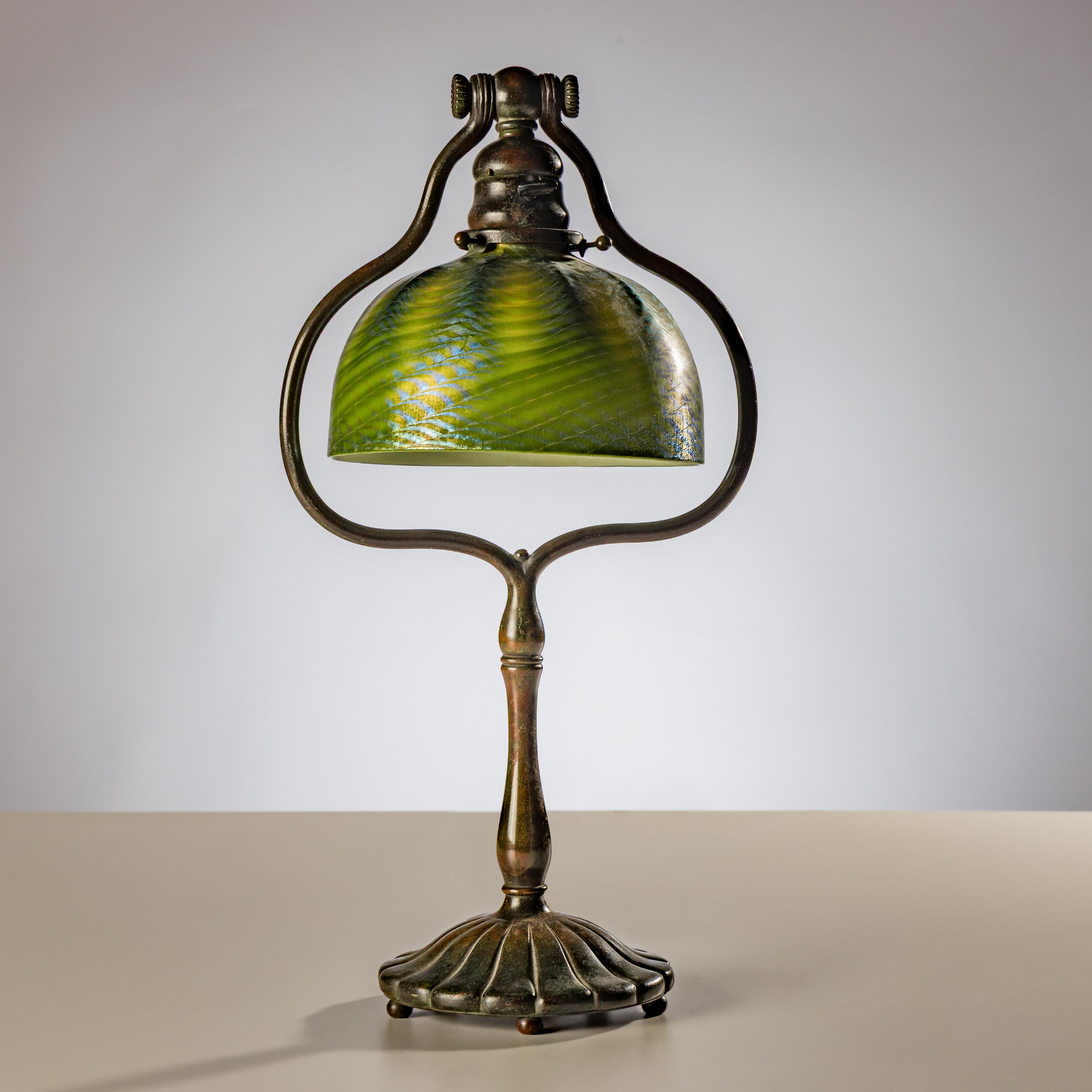 Tiffany Studios New York (American, 1880–1930) — Harp Table Lamp with Damascene Favrile shade, c. 1910