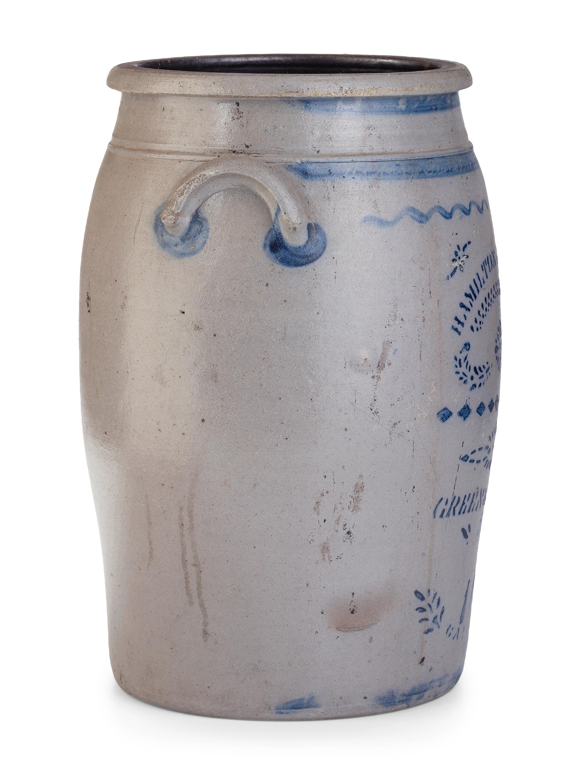 A Hamilton and Jones 10-Gallon Cobalt-Decorated Stoneware Crock