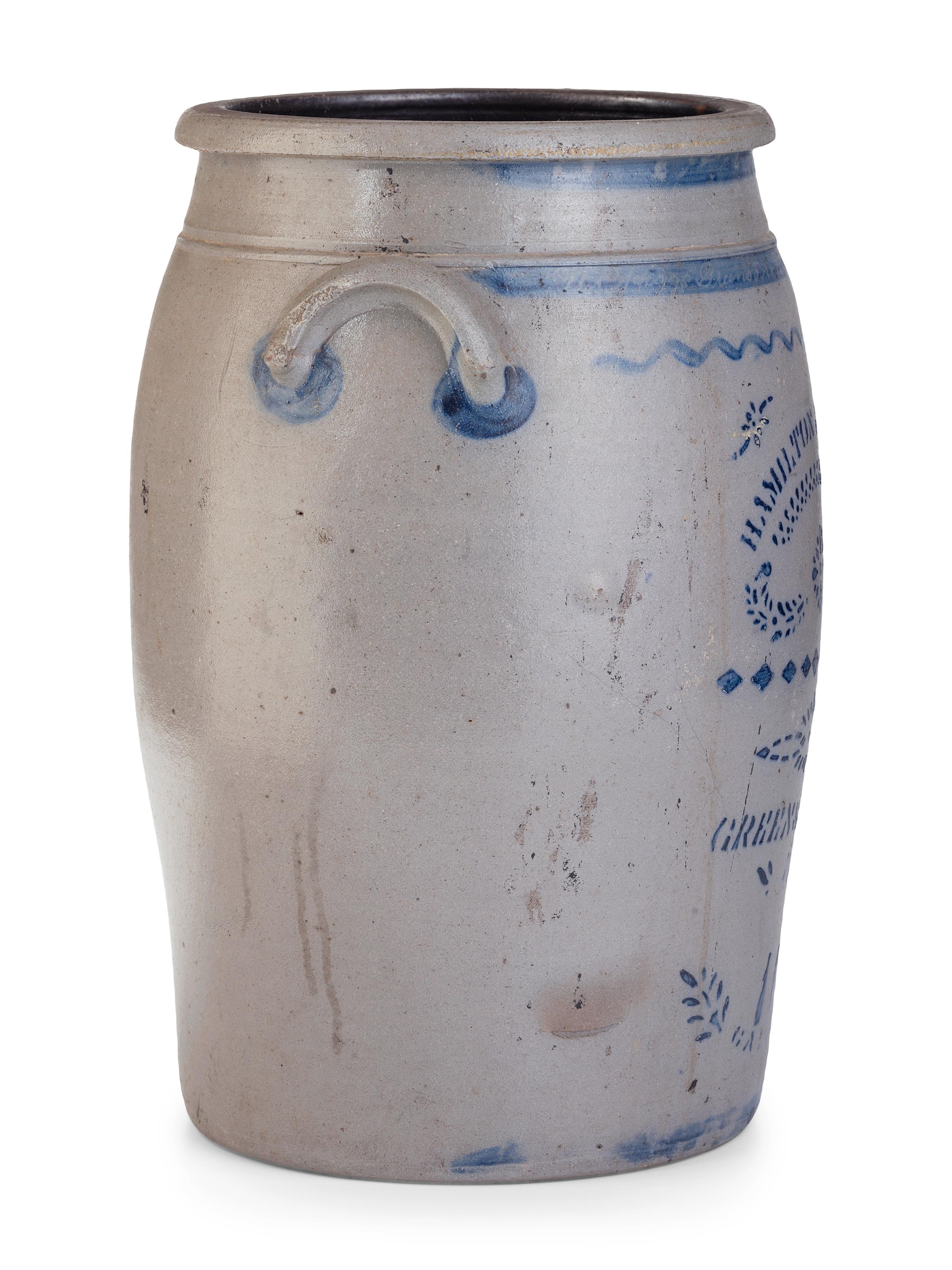 A Hamilton and Jones 10-Gallon Cobalt-Decorated Stoneware Crock
