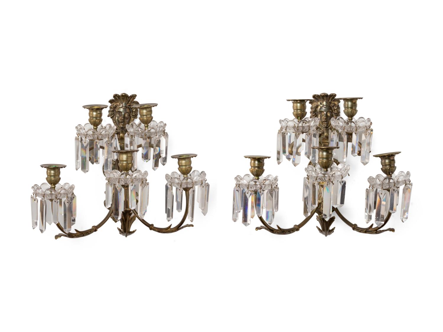 A Pair of Neoclassical Bronze and Cut Glass Five-Light Sconces