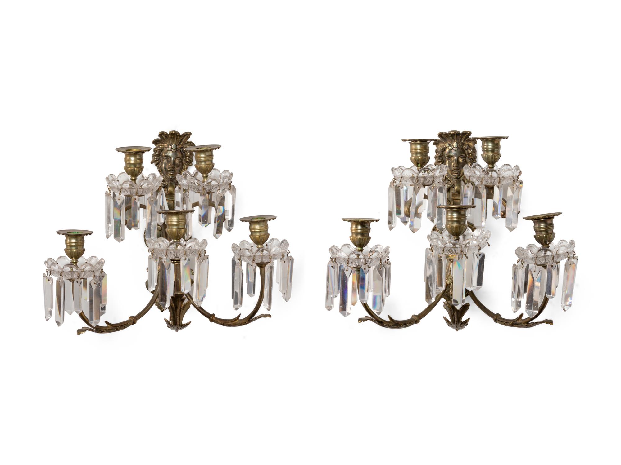 A Pair of Neoclassical Bronze and Cut Glass Five-Light Sconces