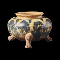 A Rare Chinese Blue and Amber-Splashed Tripod Vessel, Probably Tang Dynasty 或爲唐 藍彩三足陶爐