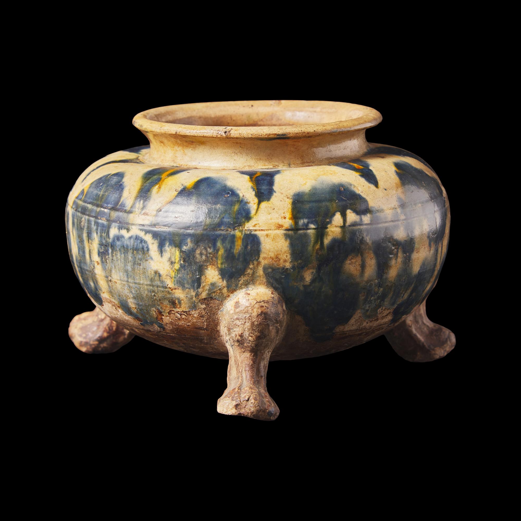 A Rare Chinese Blue and Amber-Splashed Tripod Vessel, Probably Tang Dynasty 或爲唐 藍彩三足陶爐