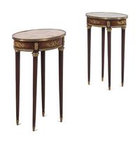 A Pair of Louis XVI Style Gilt Bronze Mounted Marble-Top Side Tables