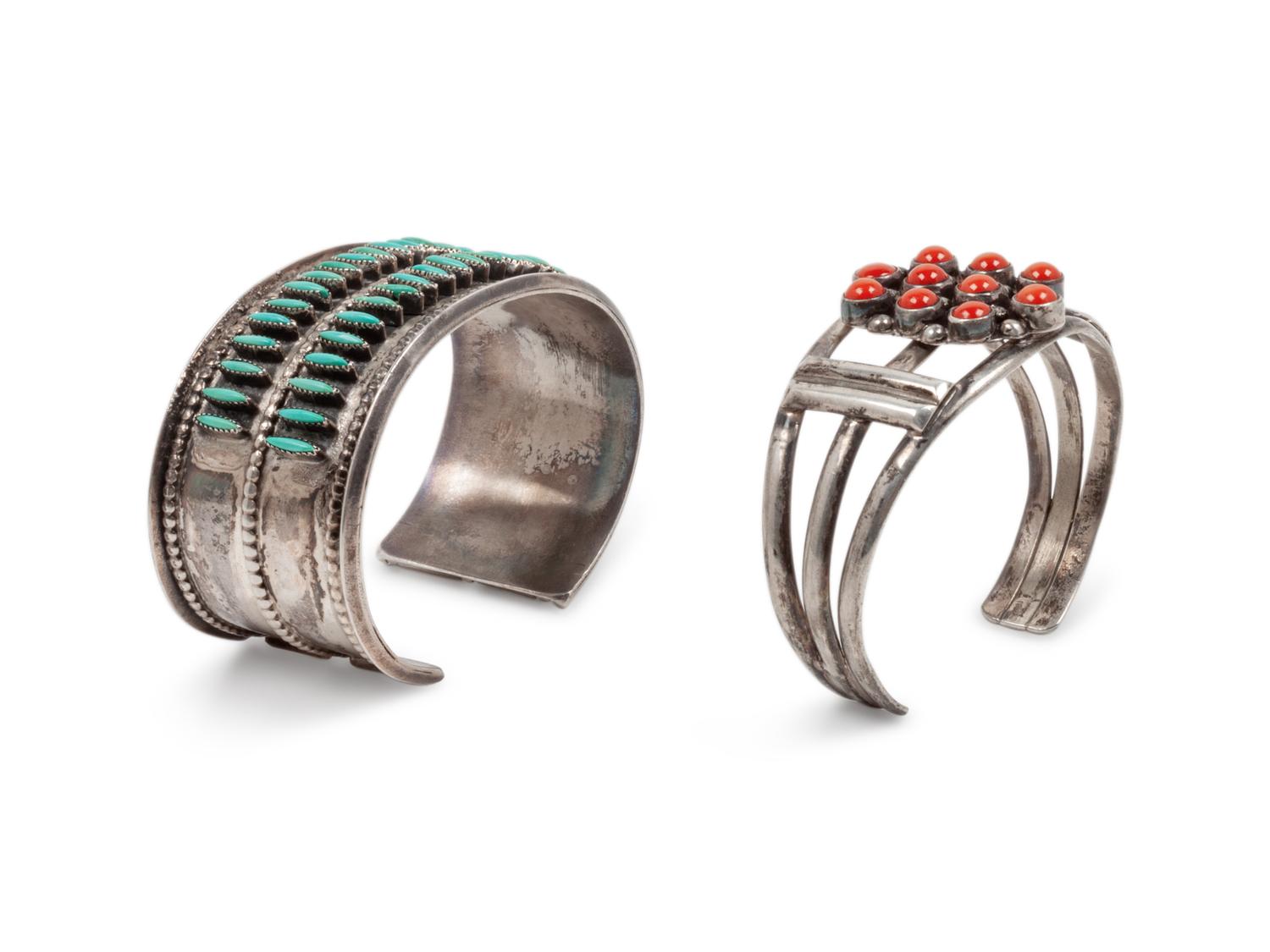 Zuni Silver, Turquoise, and Coral Cuff Bracelets