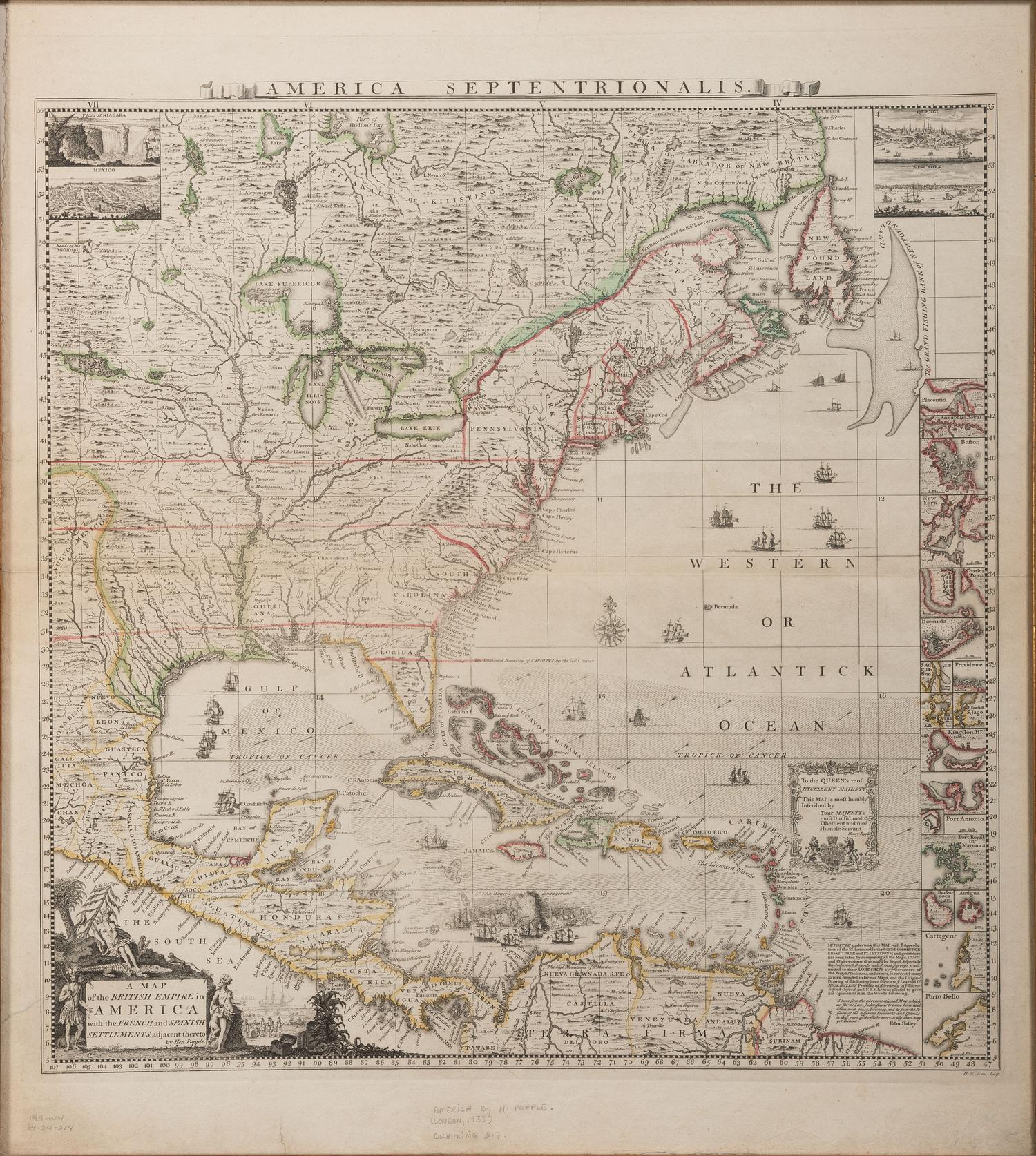 POPPLE, Henry (d.1743). A Map of the British Empire in America with the French and Spanish Settlements adjacent therto . London, ca 1734.