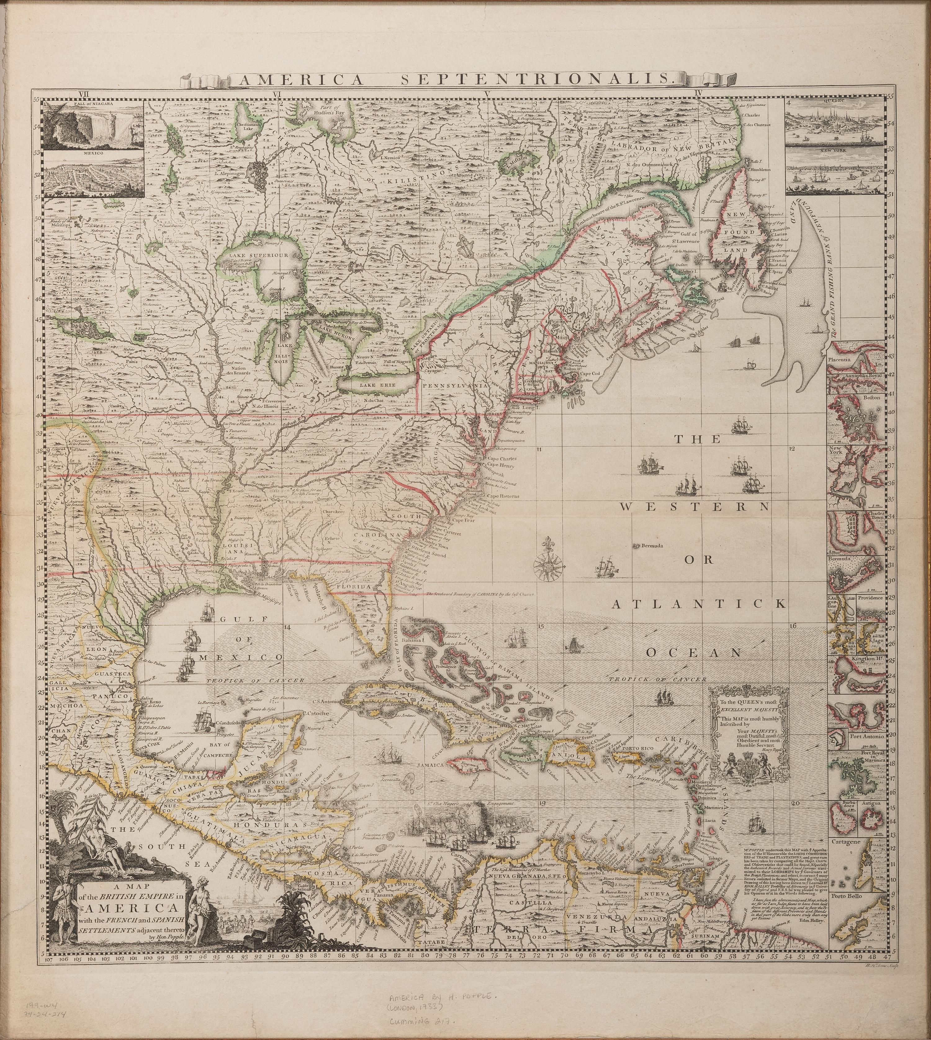 POPPLE, Henry (d.1743). A Map of the British Empire in America with the French and Spanish Settlements adjacent therto . London, ca 1734.