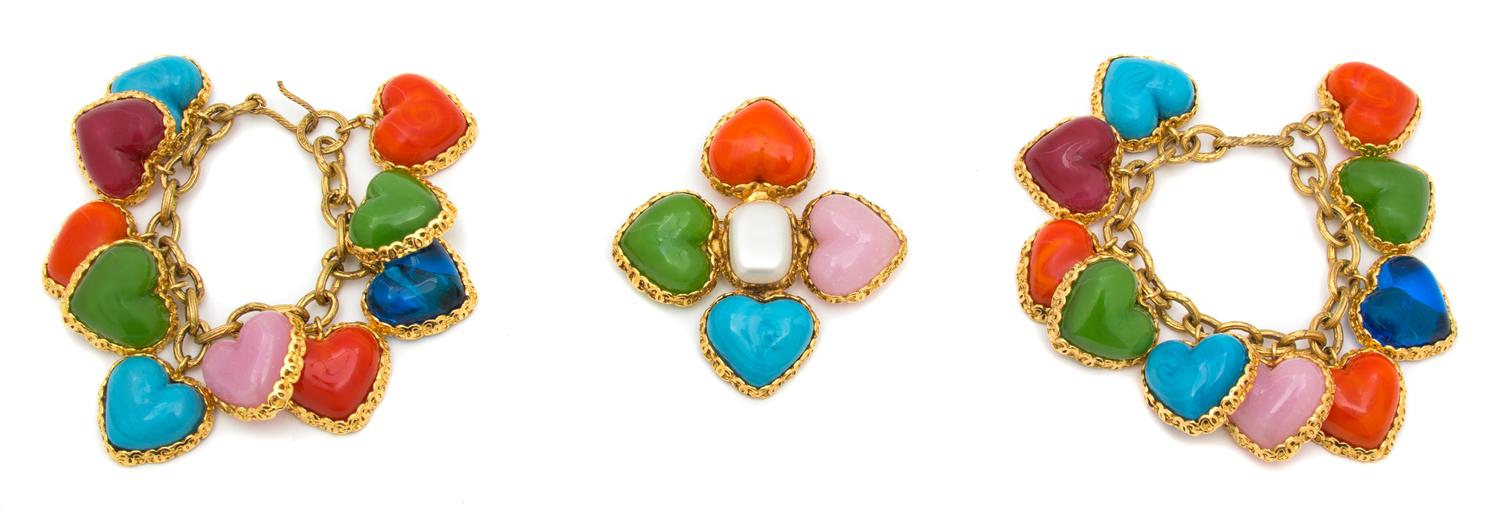 A Chanel Mutlicolor Glass and Goldtone Heart Demi Parure, Bracelets: 7" x 1.5"; Brooch: 3" diameter.
