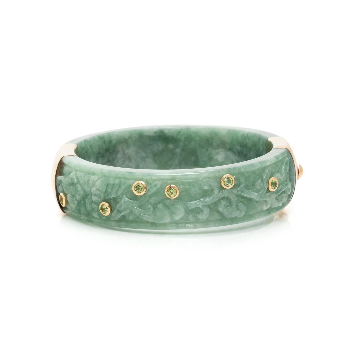 CARVED JADE AND GEMSTONE BANGLE BRACELET