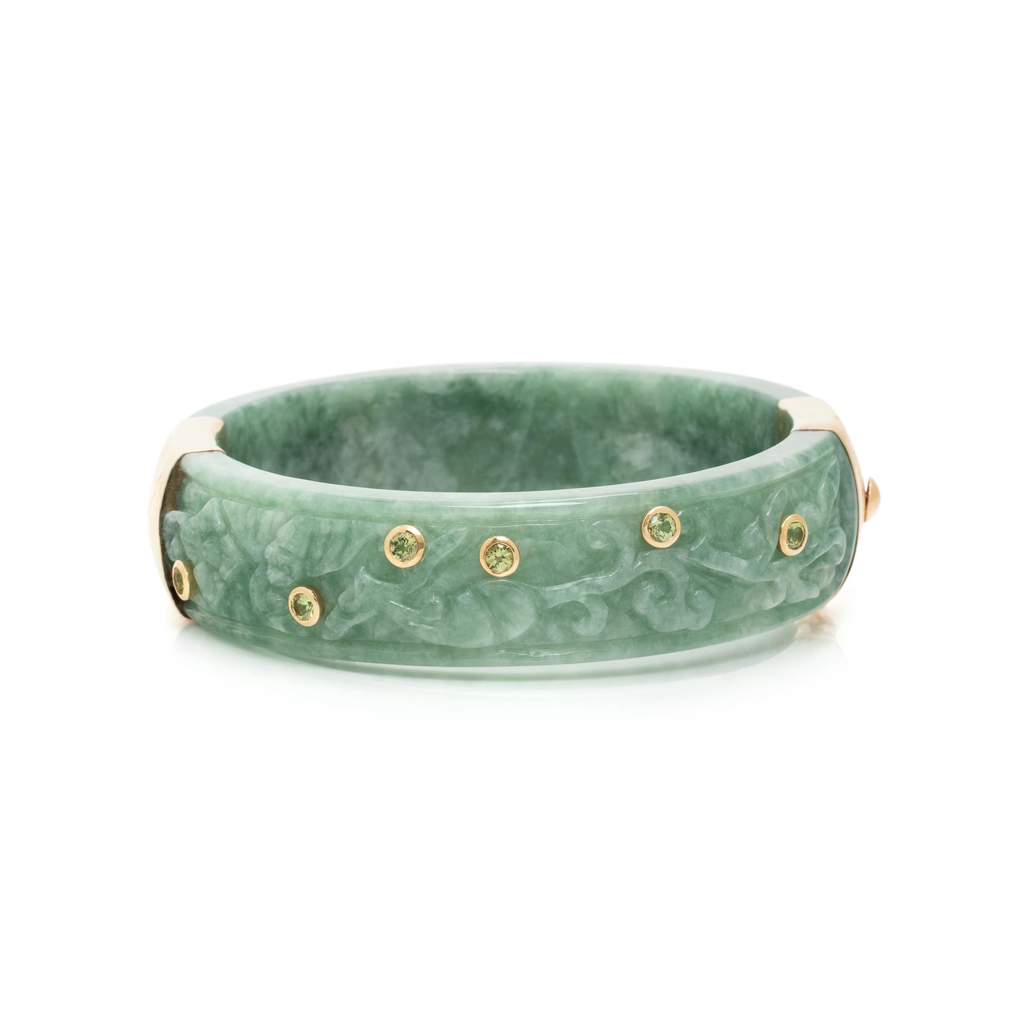 CARVED JADE AND GEMSTONE BANGLE BRACELET