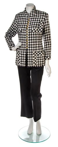 A Chanel Black and White Wool Houndstooth Jacket, Jacket size 42, pants size 38.