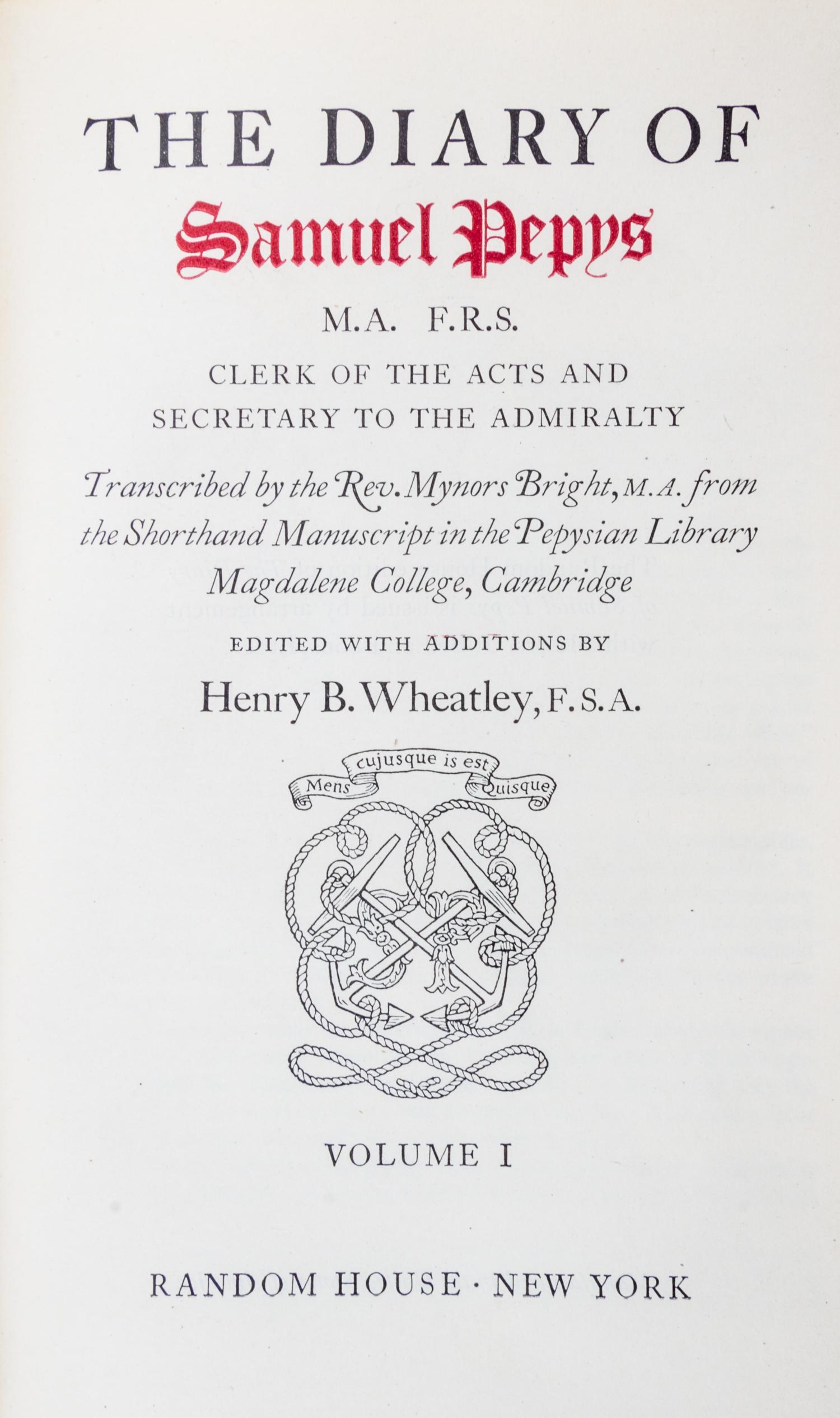 PEPYS, SAMUEL. The Diary. NY, n.d. 2 vols., bound by Maurin.