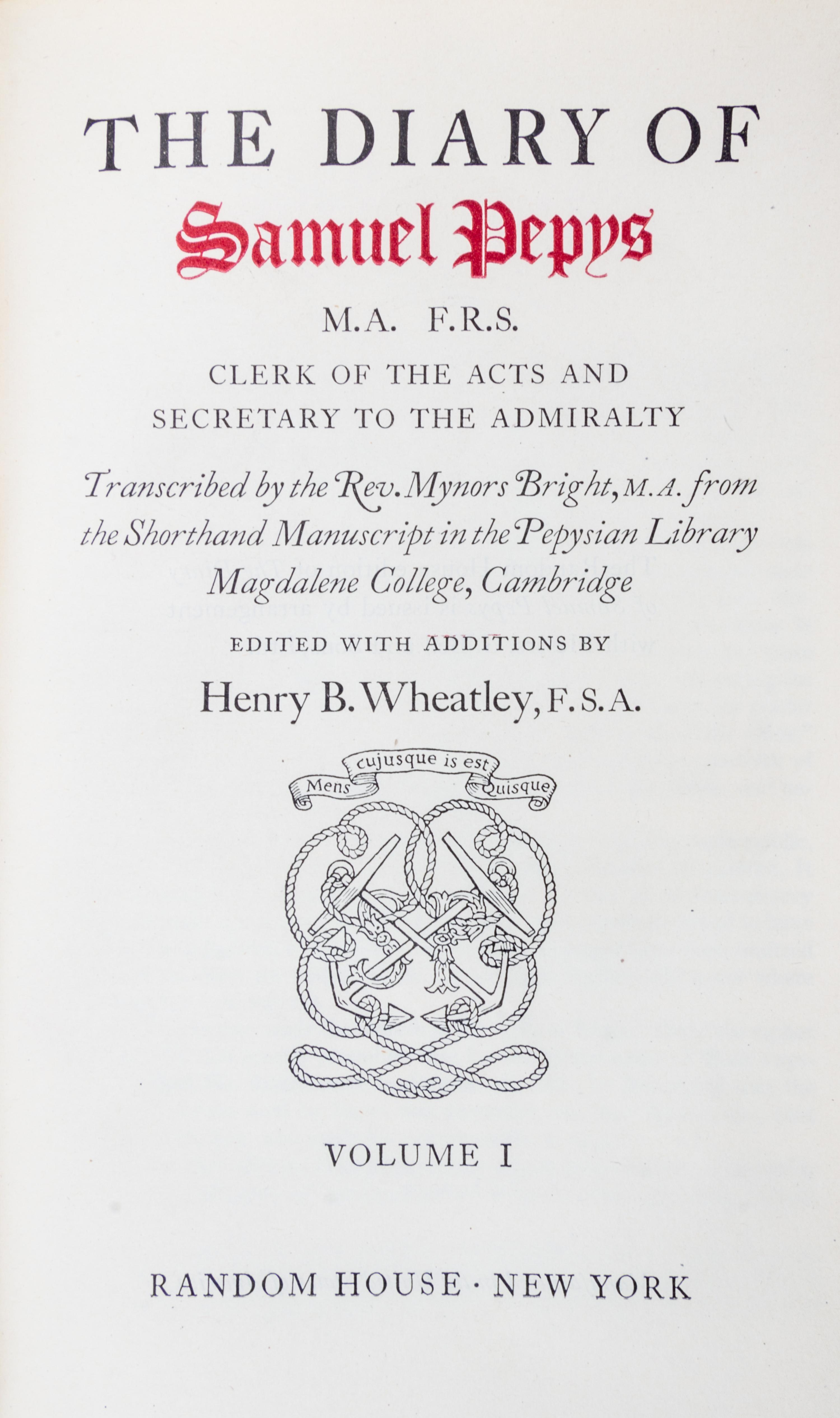 PEPYS, SAMUEL. The Diary. NY, n.d. 2 vols., bound by Maurin.