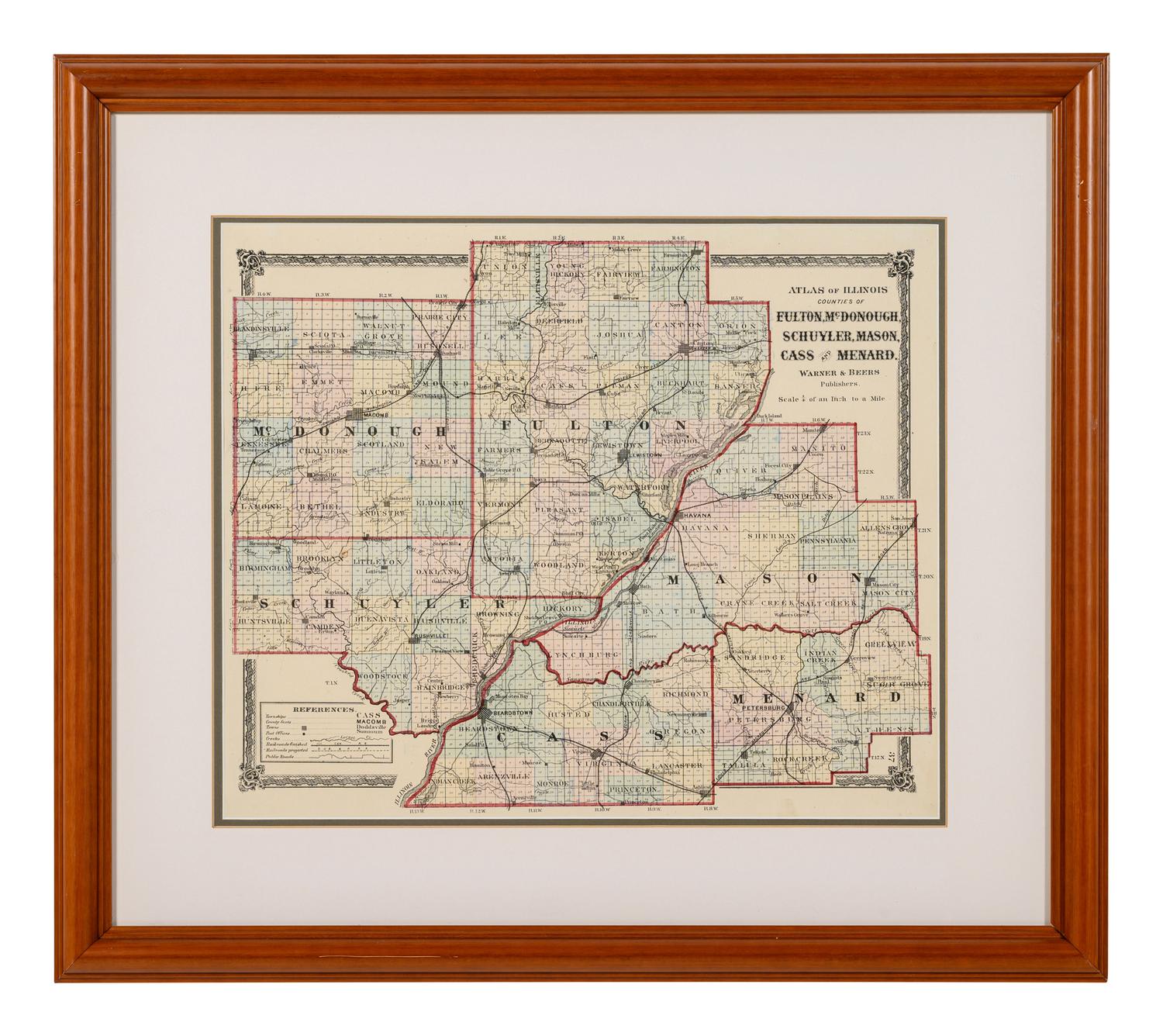 Atlas of Illinois : Counties of Fulton, McDonough, Schuyler, Mason, Cass, and Menard . Chicago: Warner & Beers, N.d. Plate 37. 23 ¼ x 26 ¼ in. Matted and framed.