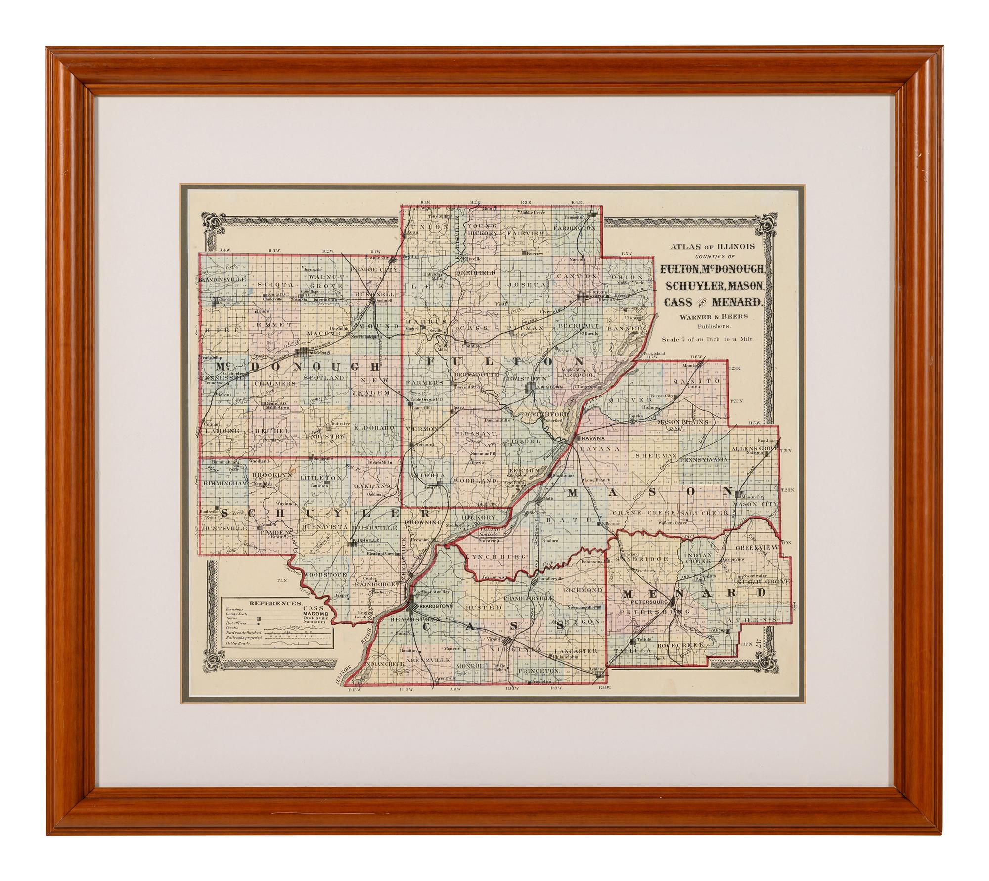 Atlas of Illinois : Counties of Fulton, McDonough, Schuyler, Mason, Cass, and Menard . Chicago: Warner & Beers, N.d. Plate 37. 23 ¼ x 26 ¼ in. Matted and framed.