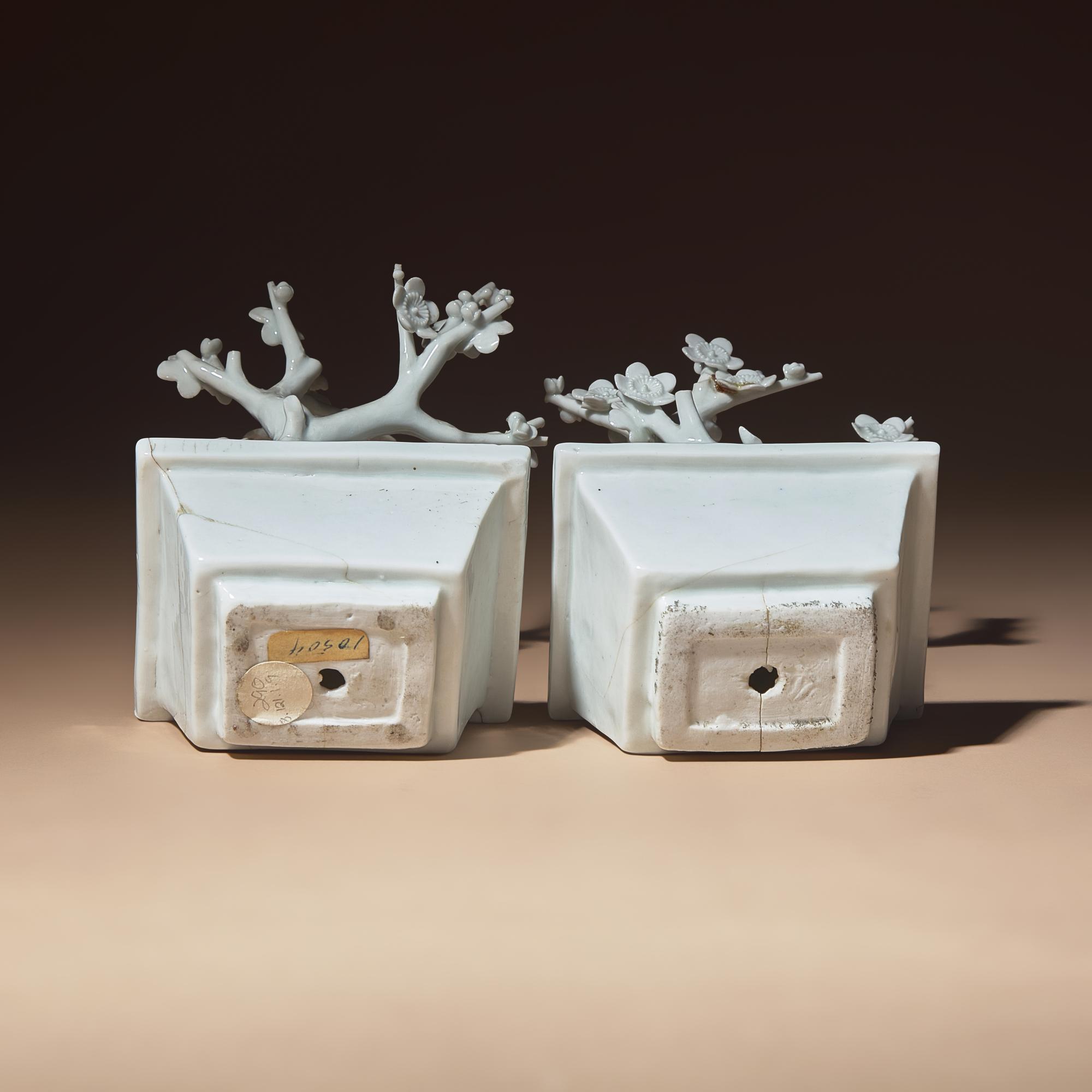 A Pair of Chinese Blanc-de-Chine Porcelain Potted Trees, 18th-19th Century — 清中期 德化白瓷塑梅花盆景一對