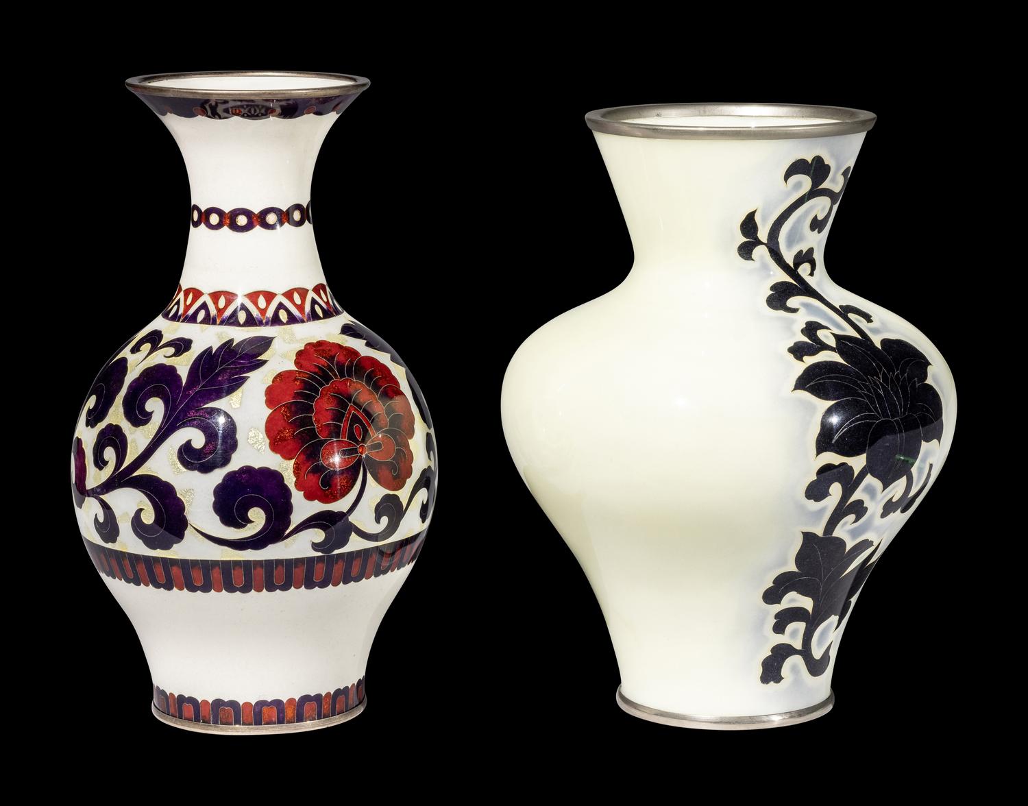 Two Japanese Pale Yellow Ground Cloisonné Enamel Vases