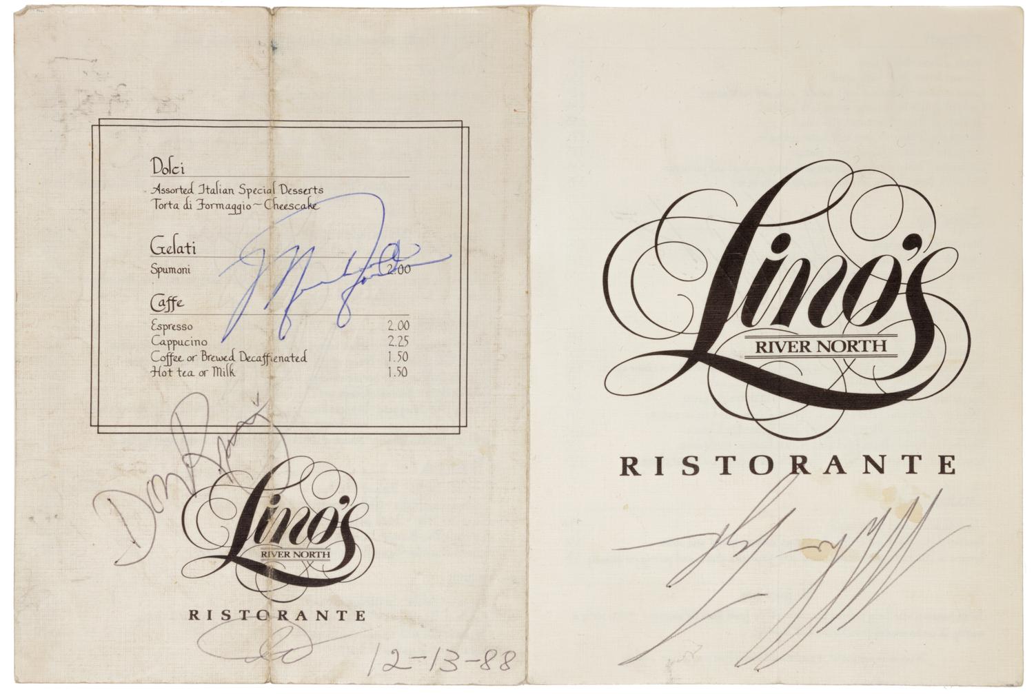 A 1988 Michael Jordan, Mike Tyson, Walter Payton, Richard Dent and Don King Signed Lino's Ristorante Dinner Menu (Beckett LOA),
