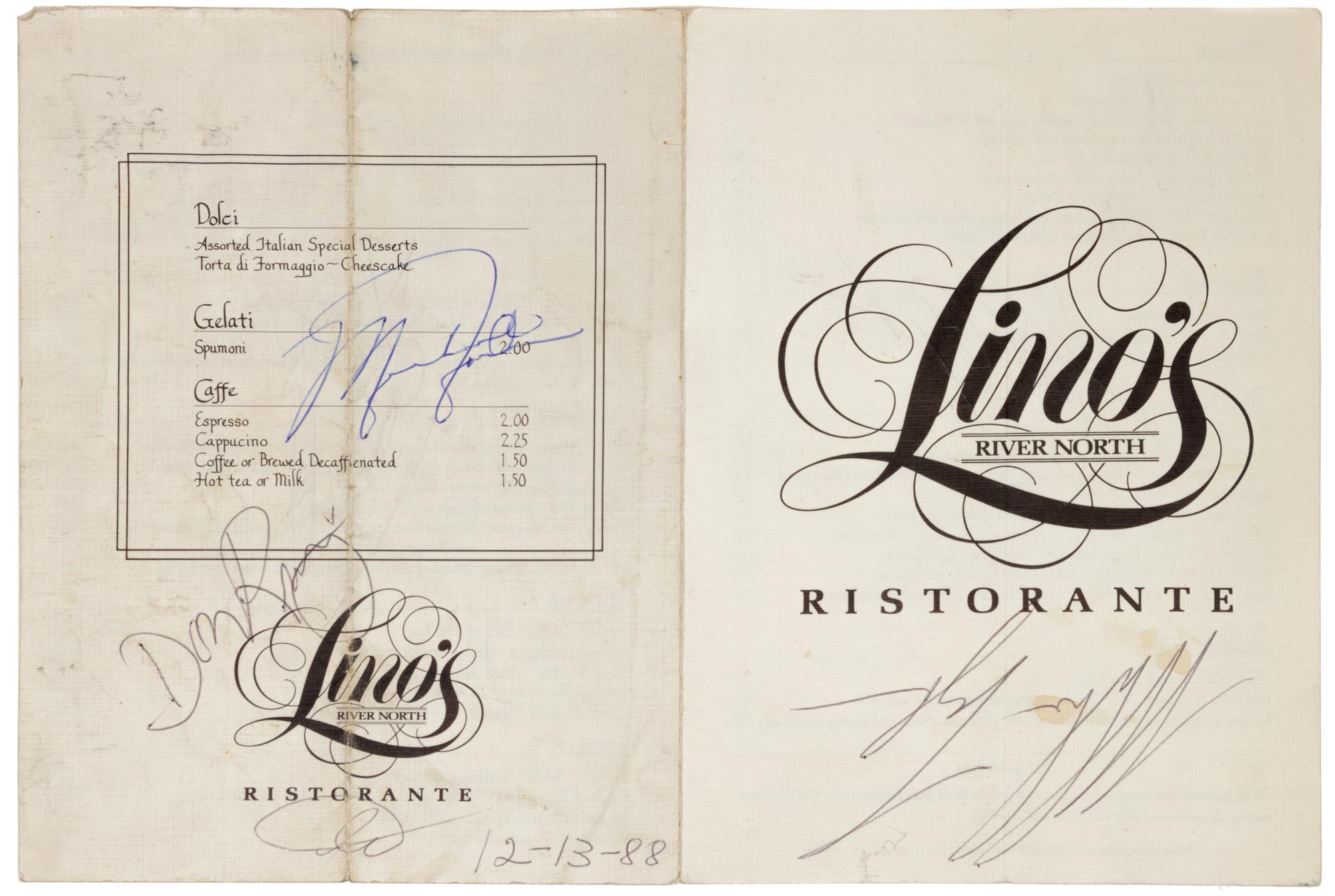 A 1988 Michael Jordan, Mike Tyson, Walter Payton, Richard Dent and Don King Signed Lino's Ristorante Dinner Menu (Beckett LOA),