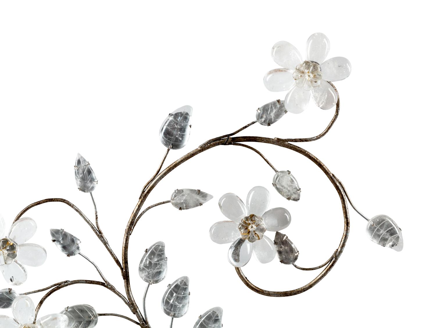 A Pair of Silvered Metal and Rock Crystal Two-Light Sconces in the Style of Maison Baguès