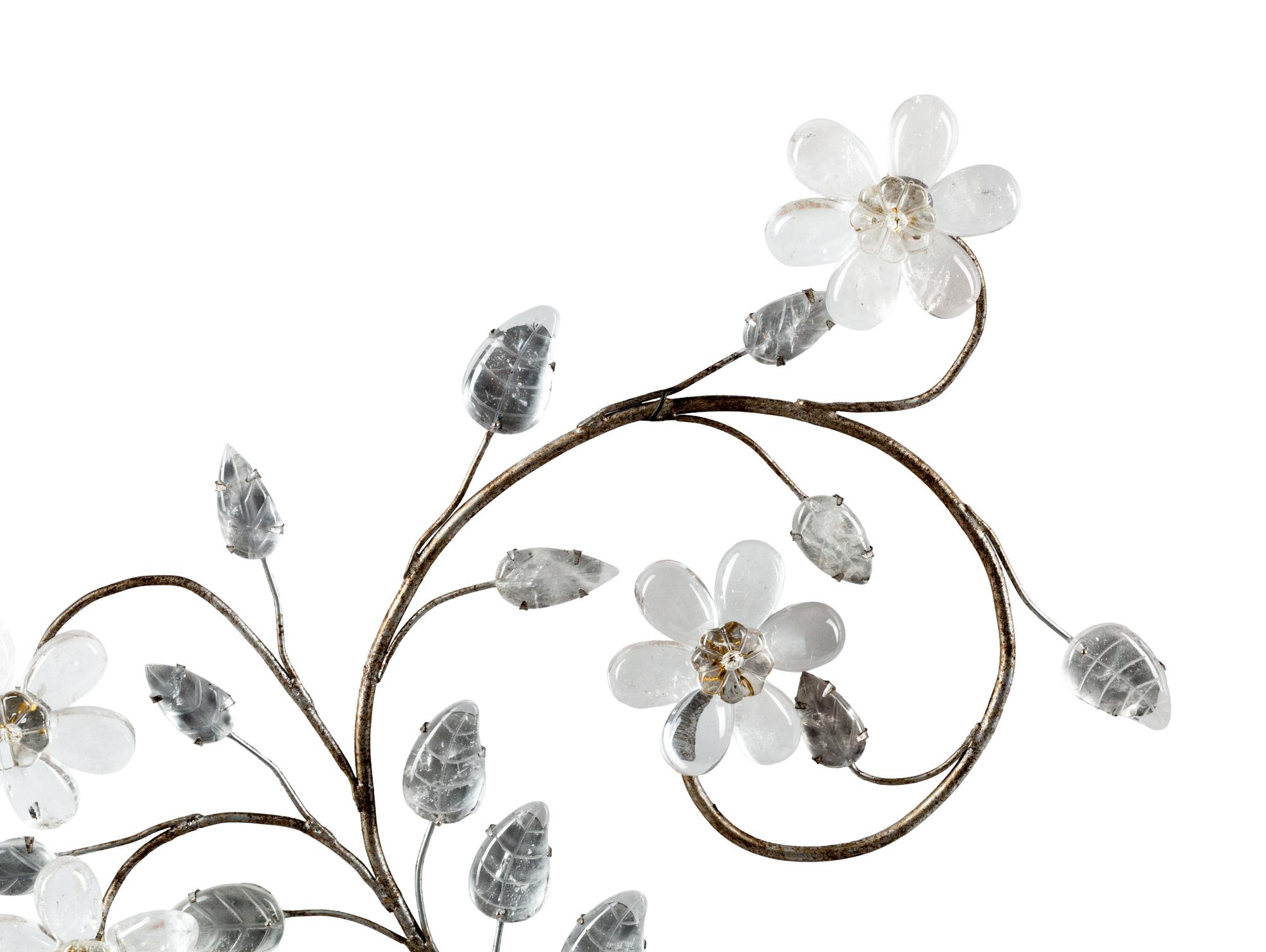 A Pair of Silvered Metal and Rock Crystal Two-Light Sconces in the Style of Maison Baguès