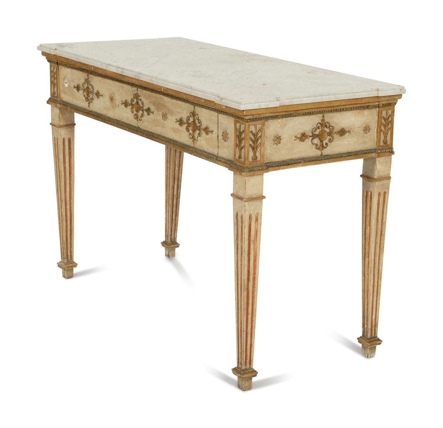 A Neoclassical Painted and Parcel Gilt Marble Top Console Table