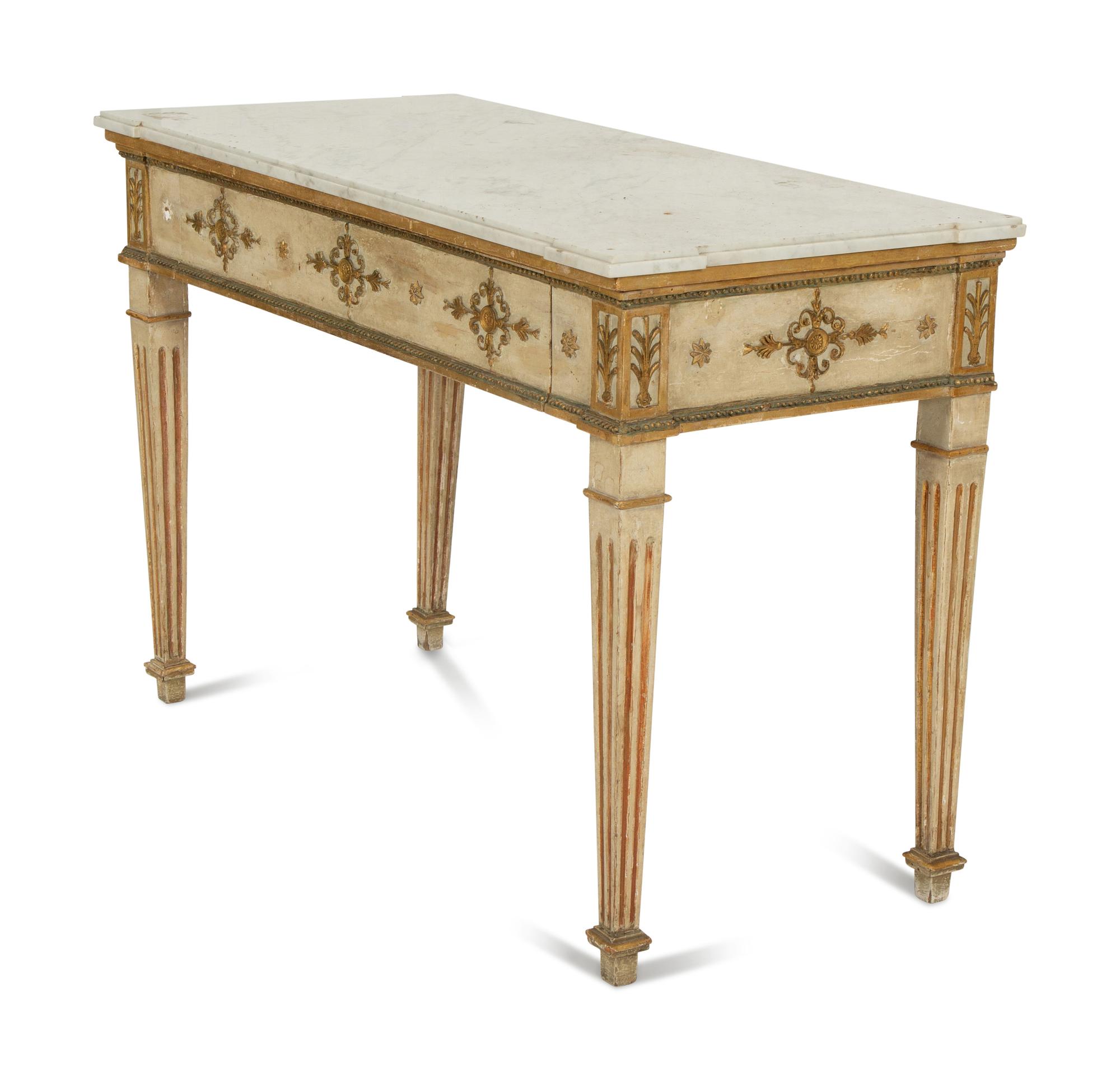 A Neoclassical Painted and Parcel Gilt Marble Top Console Table