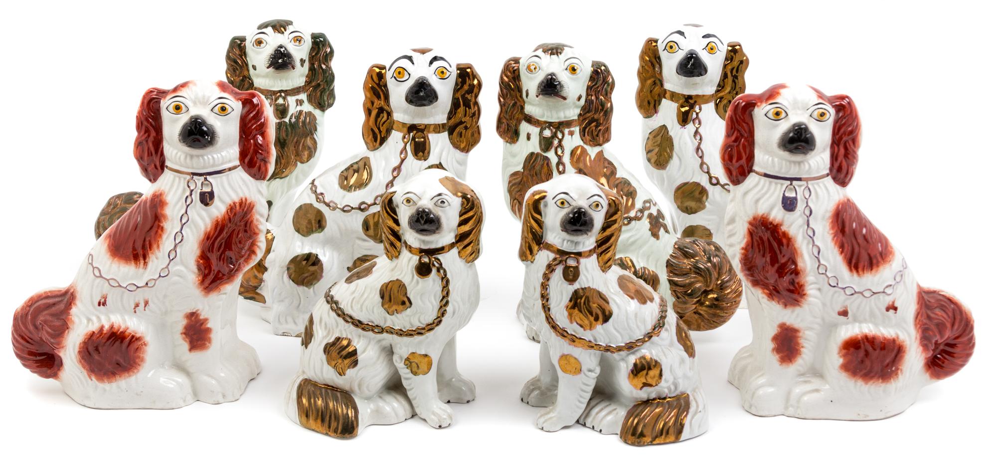 Four Pairs of Staffordshire Spaniels Height of tallest pair 12 inches.