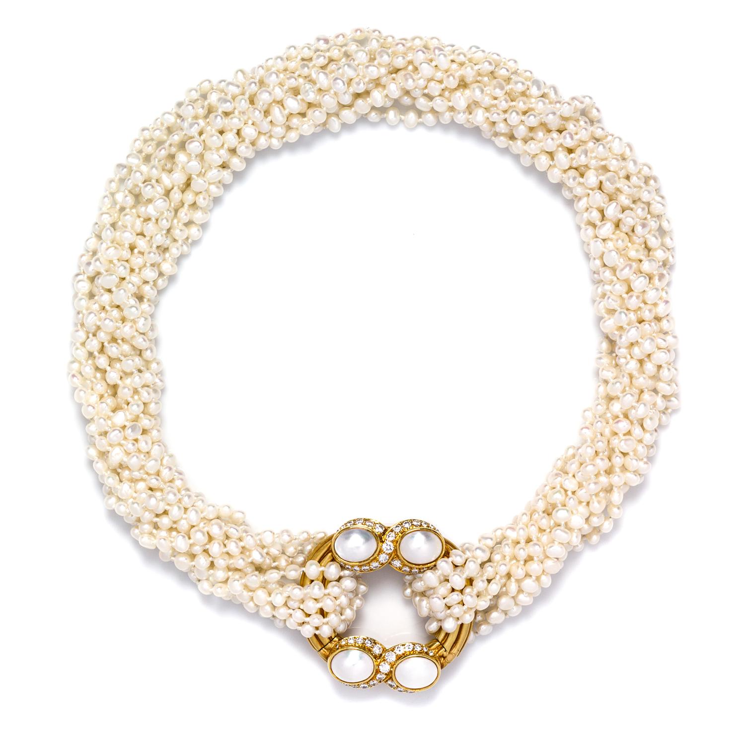 An 18 Karat Yellow Gold, Cultured Pearl and Diamond Necklace, M. Stowe,
