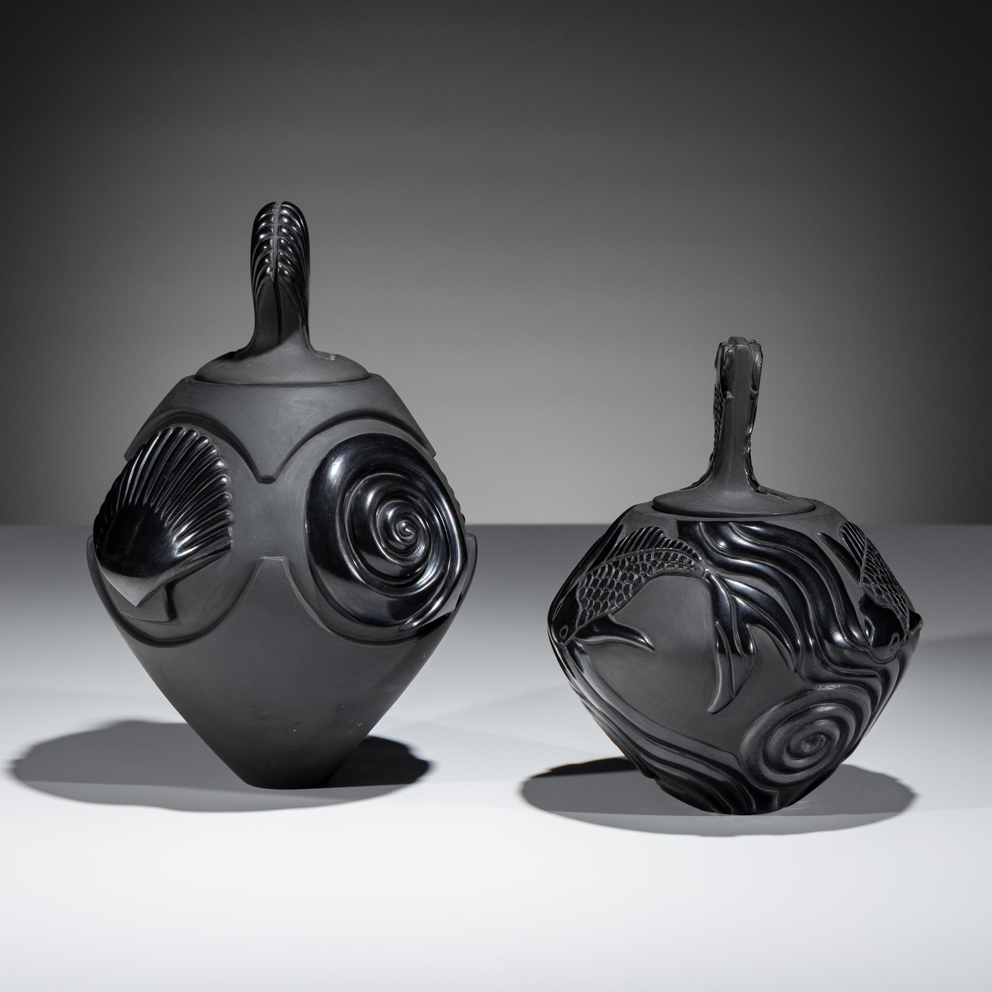 Carved Blackware Lidded Jars