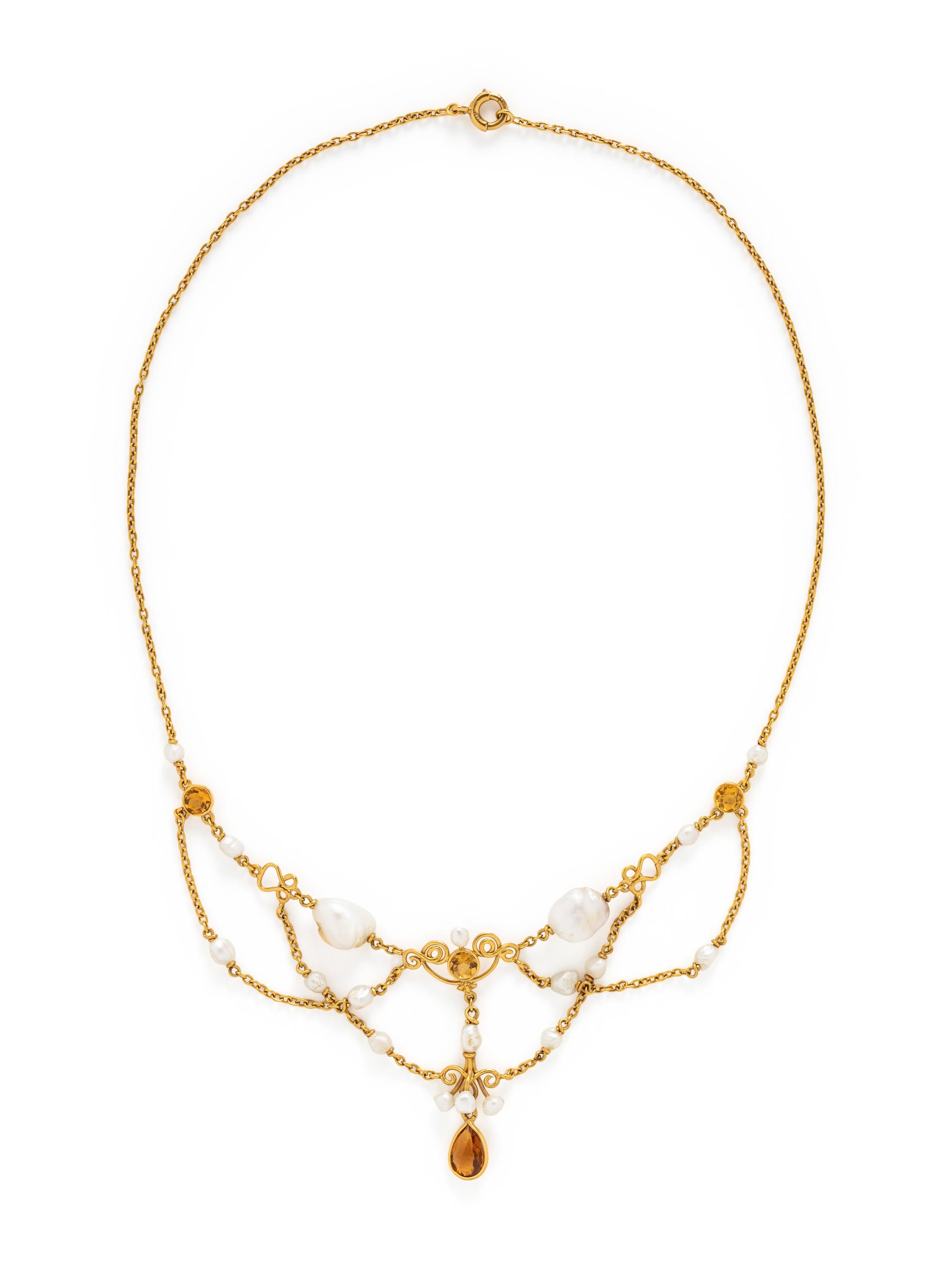 YELLOW GOLD, KESHI PEARL, AND CITRINE NECKLACE