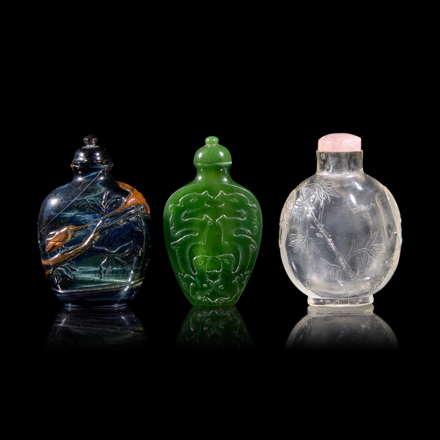 Three Chinese Carved Hardstone Snuff Bottles 粉晶、碧玉、貓眼石鼻烟壶各一