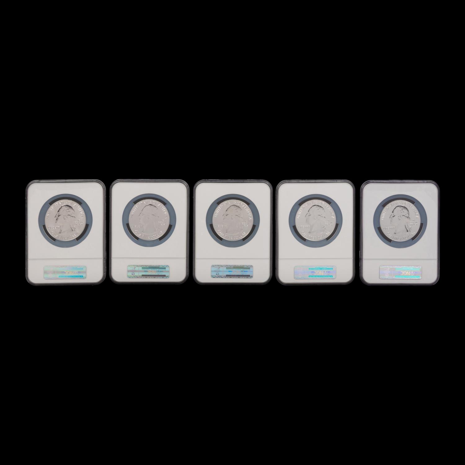 A Group of Five 2010 America the Beautiful-Early Releases Commemorative 5 oz. Silver Rounds [NGC MS69]