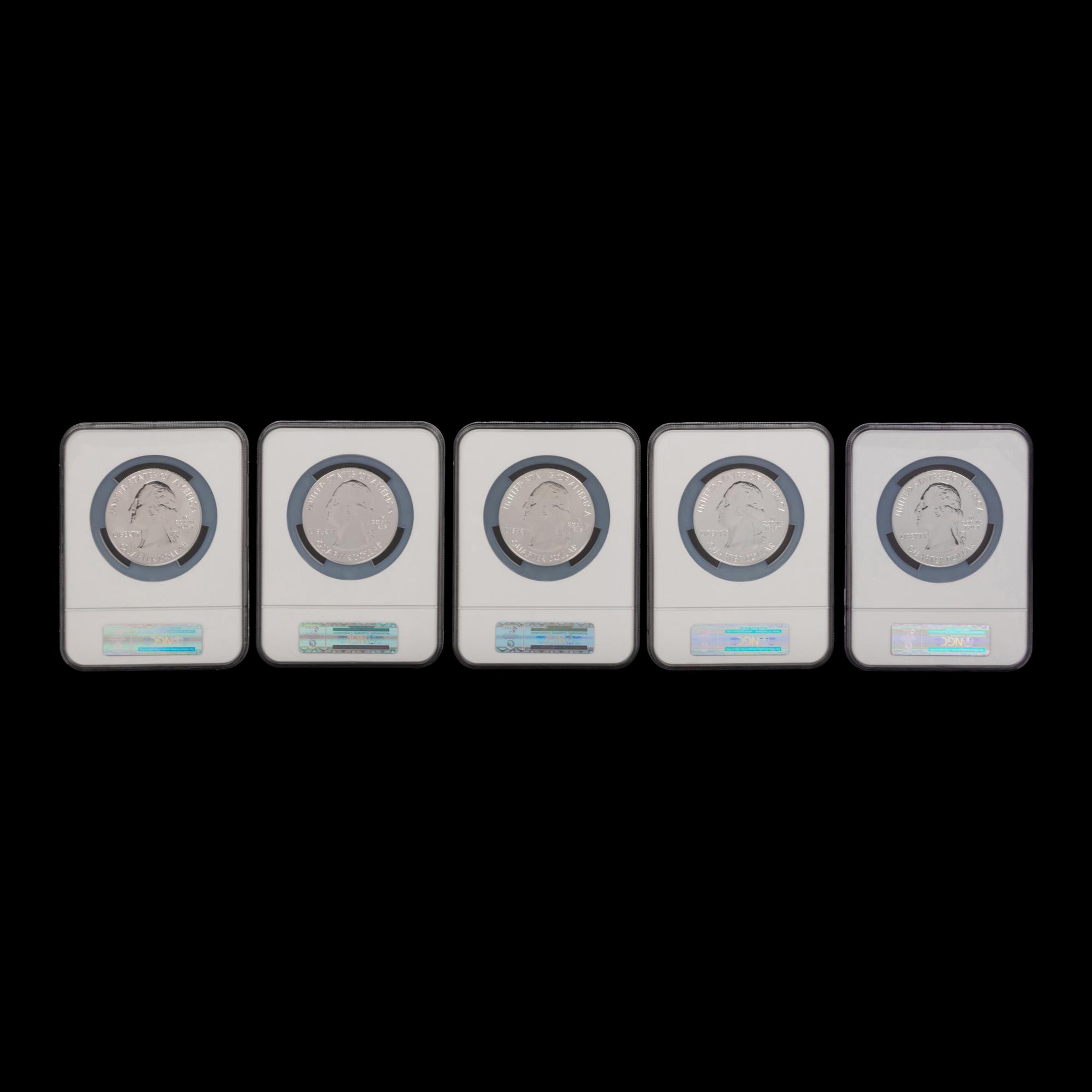 A Group of Five 2010 America the Beautiful-Early Releases Commemorative 5 oz. Silver Rounds [NGC MS69]