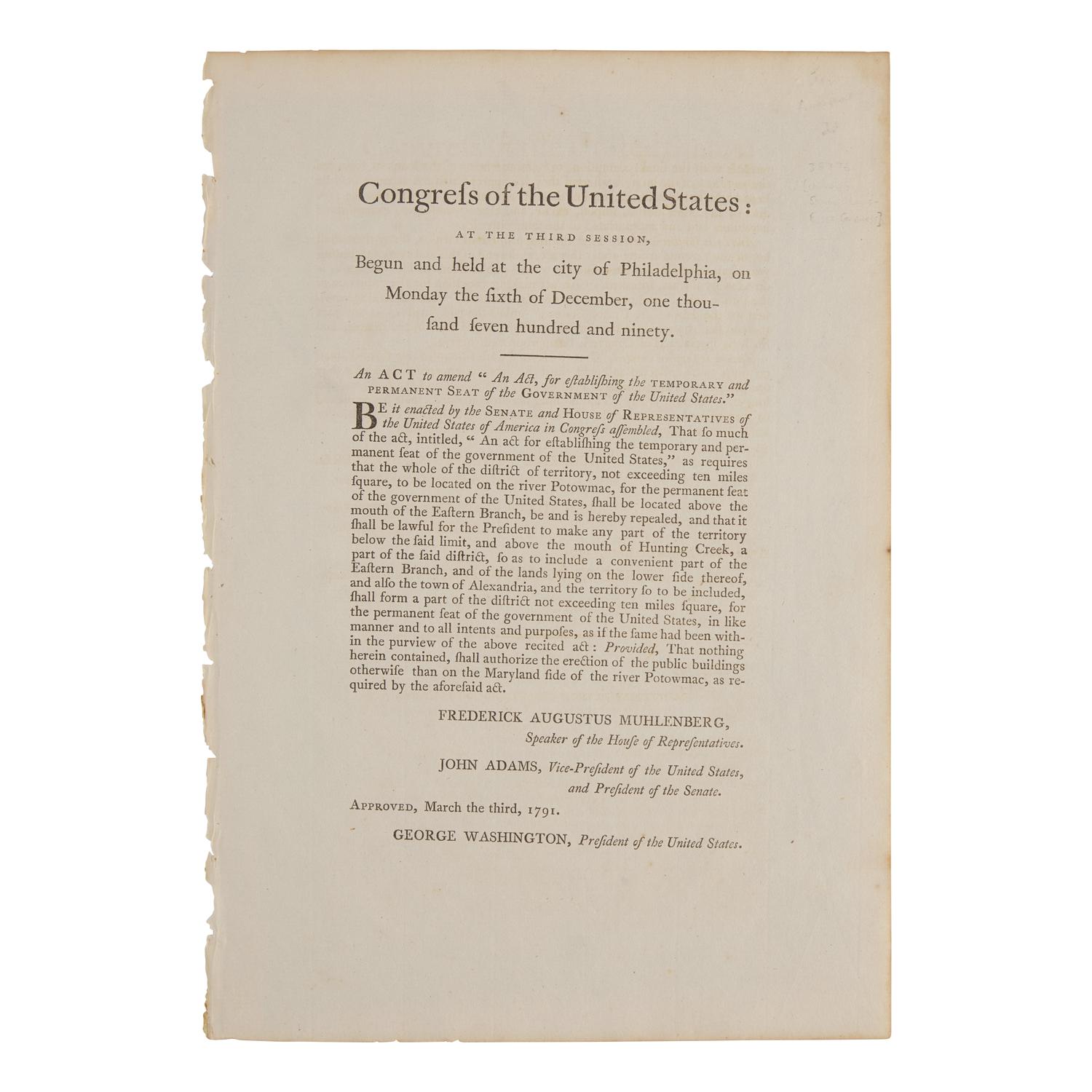[Washington, D.C.] Rare Congressional Act, Amending the Residence Act of 1790, Establishing Washington, D.C. as the Permanent Seat of Government