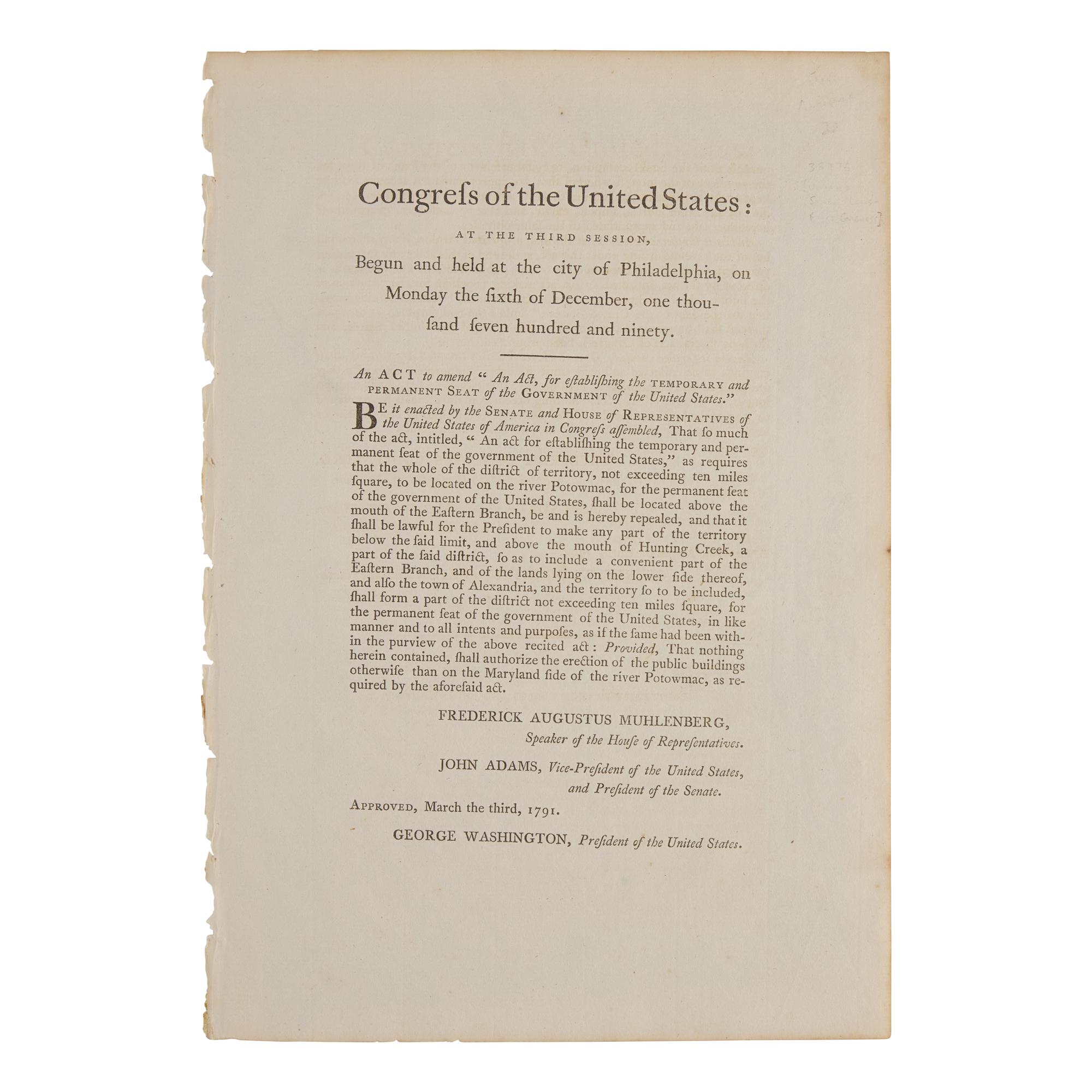 [Washington, D.C.] Rare Congressional Act, Amending the Residence Act of 1790, Establishing Washington, D.C. as the Permanent Seat of Government