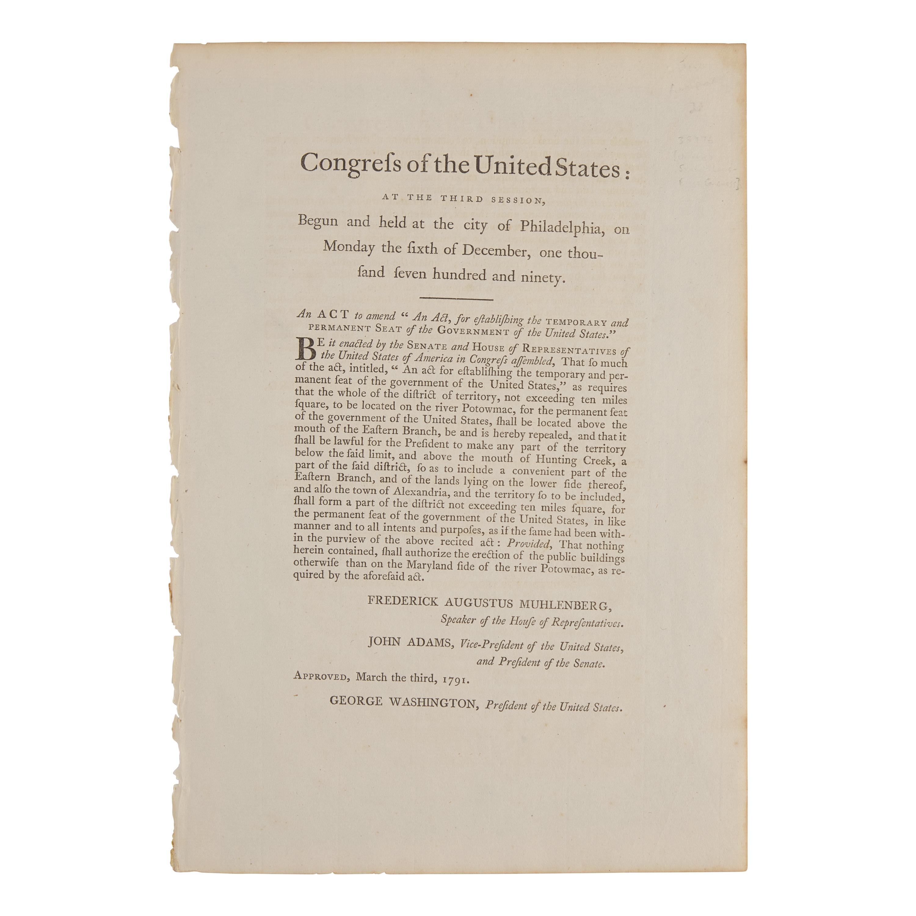 [Washington, D.C.] Rare Congressional Act, Amending the Residence Act of 1790, Establishing Washington, D.C. as the Permanent Seat of Government