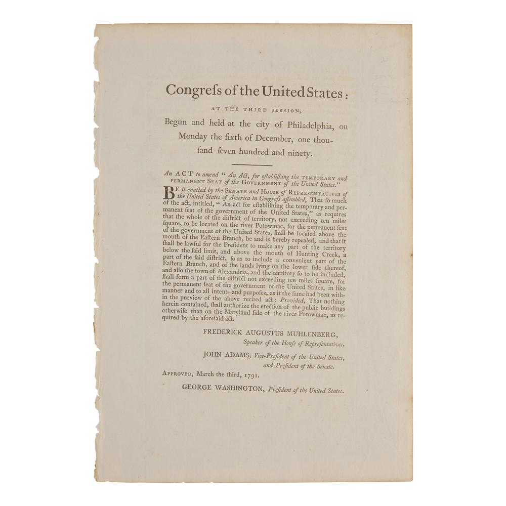 [Washington, D.C.] Rare Congressional Act, Amending the Residence Act of 1790, Establishing Washington, D.C. as the Permanent Seat of Government