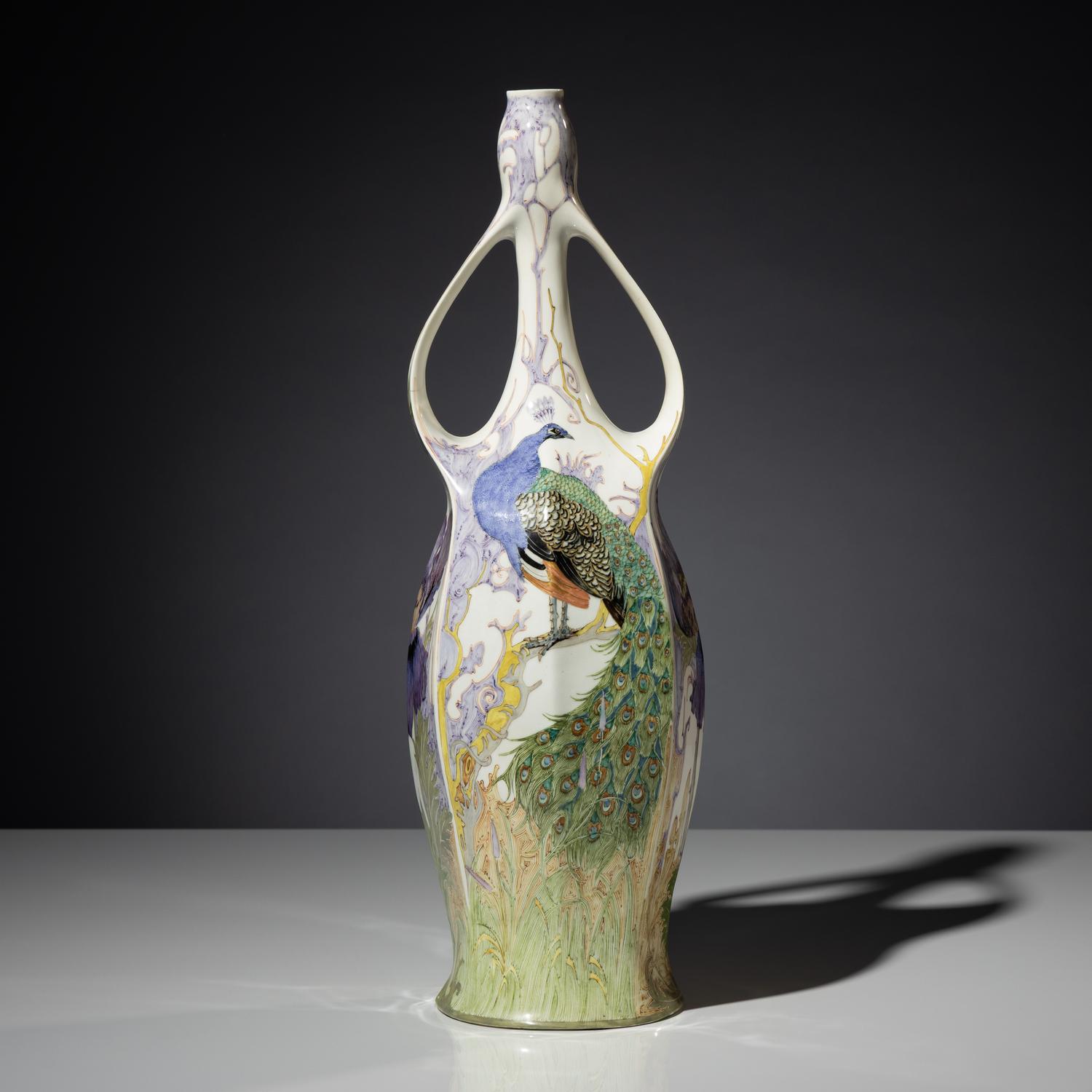 Monumental eggshell porcelain two-handled vase with polychrome peacock and poppy decor, model 97p