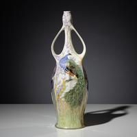 Monumental eggshell porcelain two-handled vase with polychrome peacock and poppy decor, model 97p