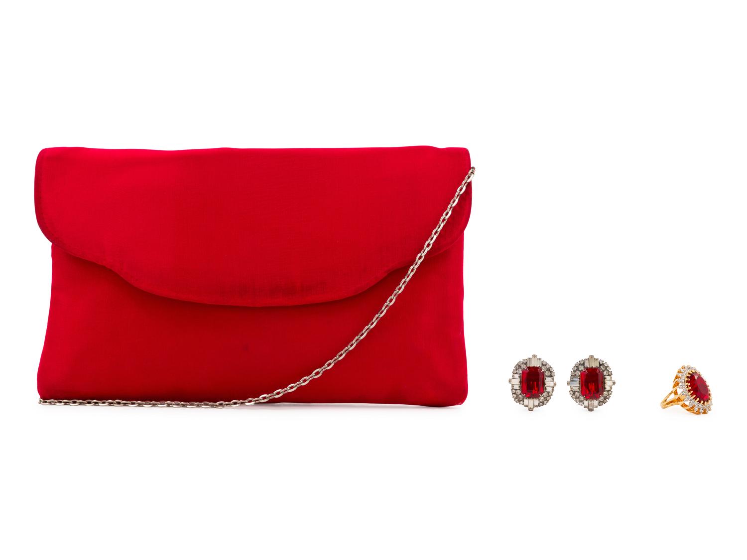 Dress, Shawl, Earrings, Ring and Bag, 1988. Dress designed by Paul Zastupnevitch and made by Western Costume Company in Los Angeles — Worn by Olivia de Havilland for the 60th Academy Awards in 1988 when she presented the award for best art direction.
