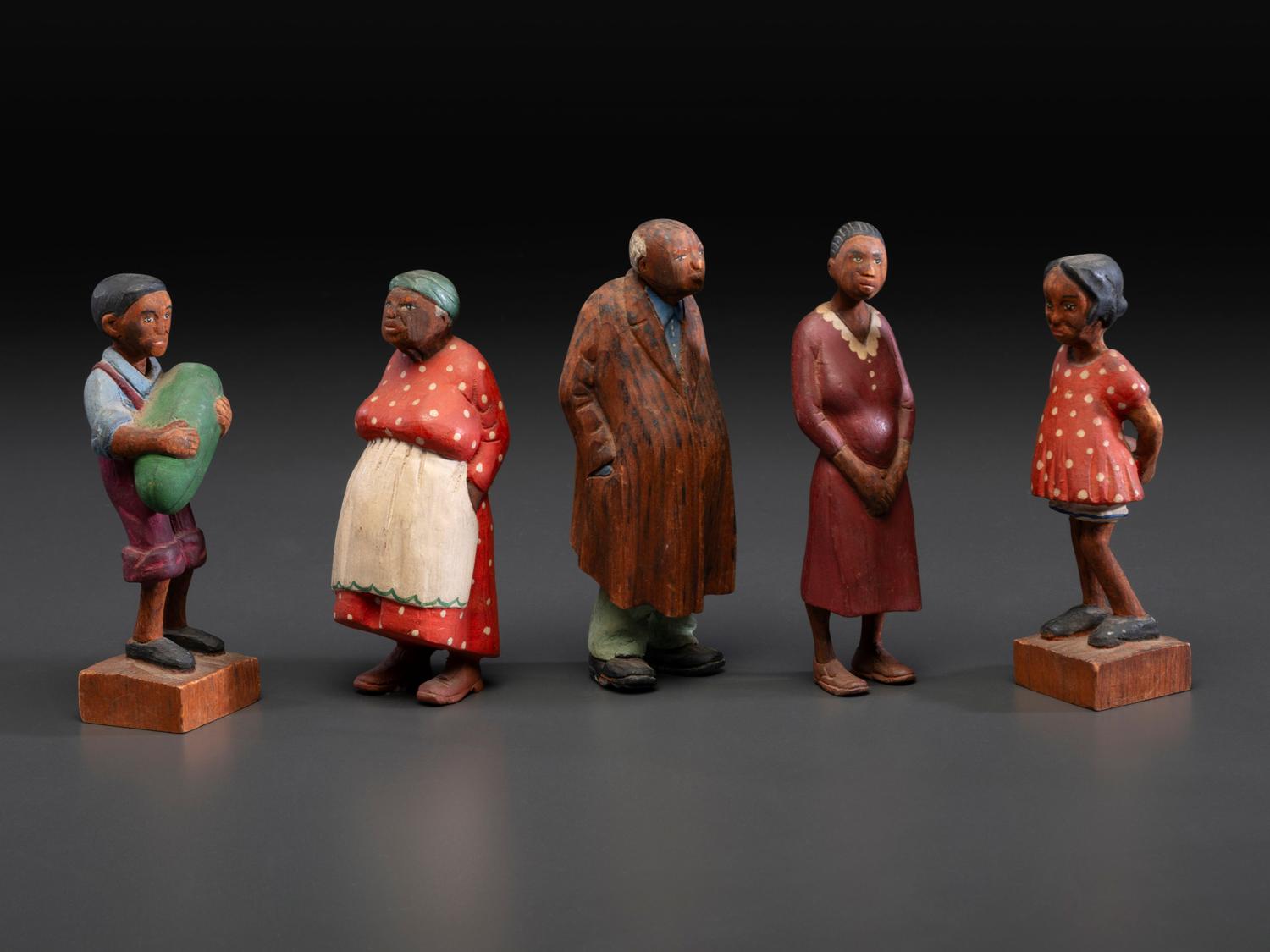 Five Carved and Painted Wood Folk Art Figures, Attributed to Tom Brown (Pleasant Hill, Tennessee, 1884-1947)